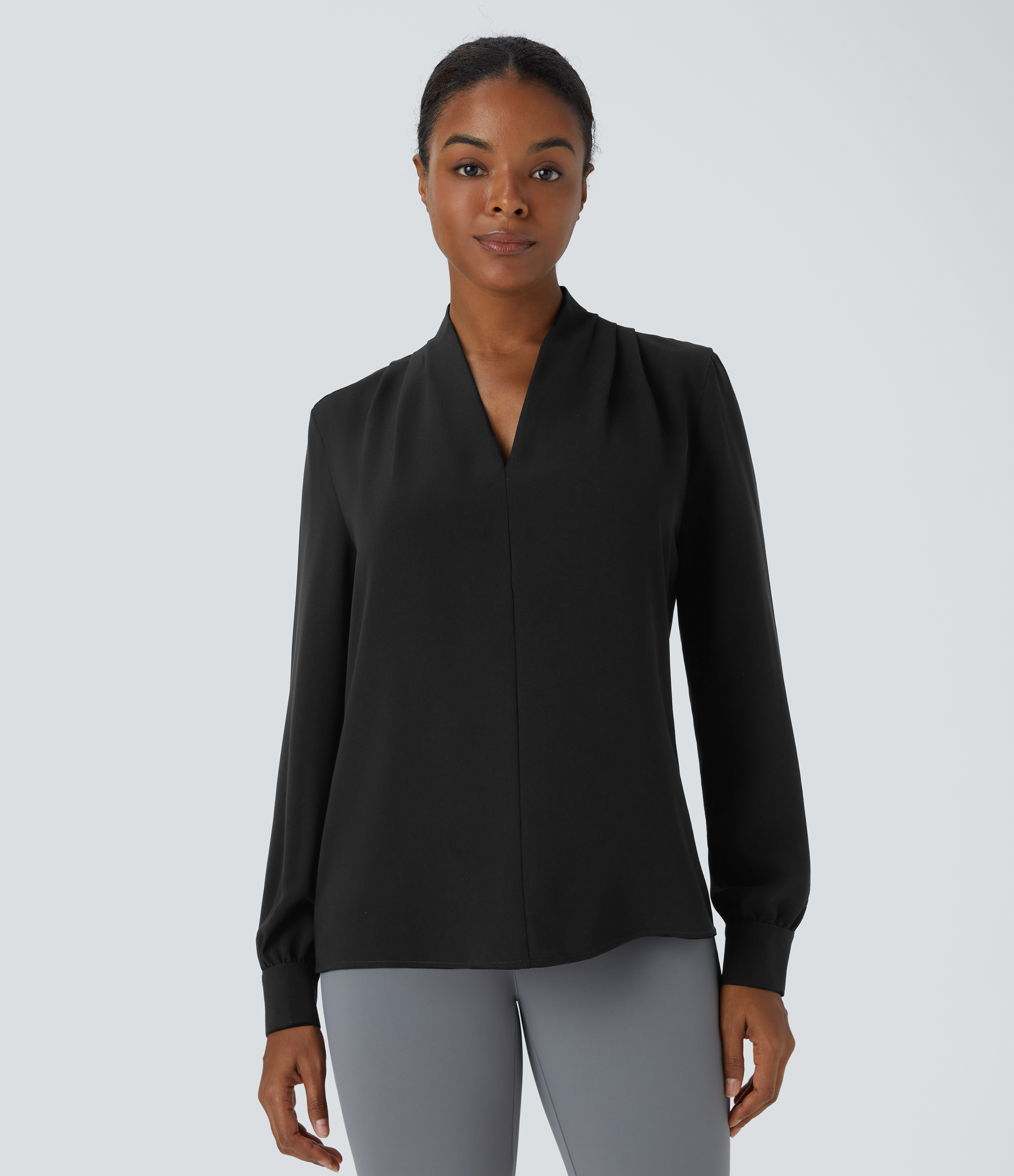 Halara V Neck Plicated Long Sleeve Work Blouse  - Black - S 