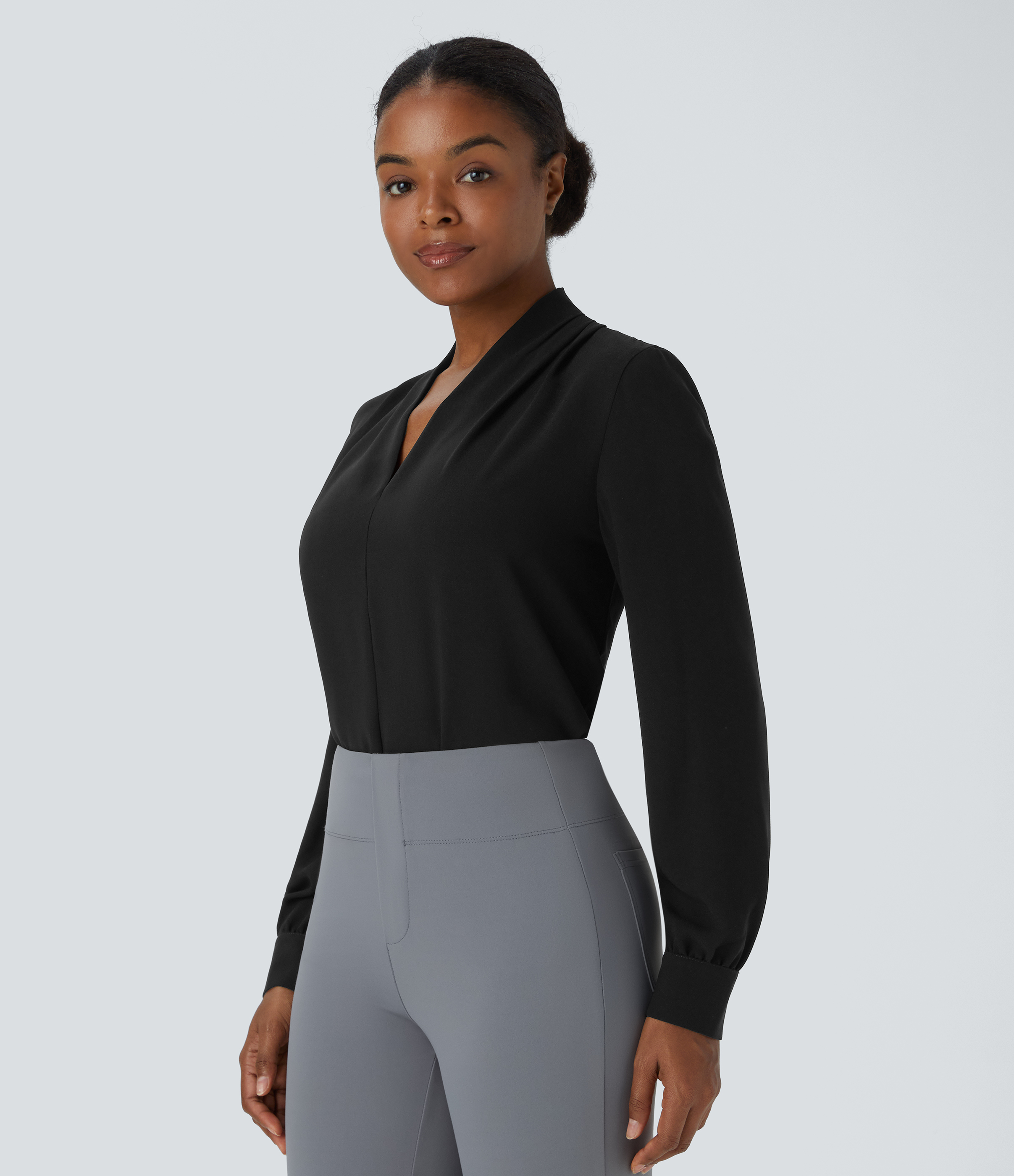 Halara V Neck Plicated Long Sleeve Work Blouse  - Black - S 