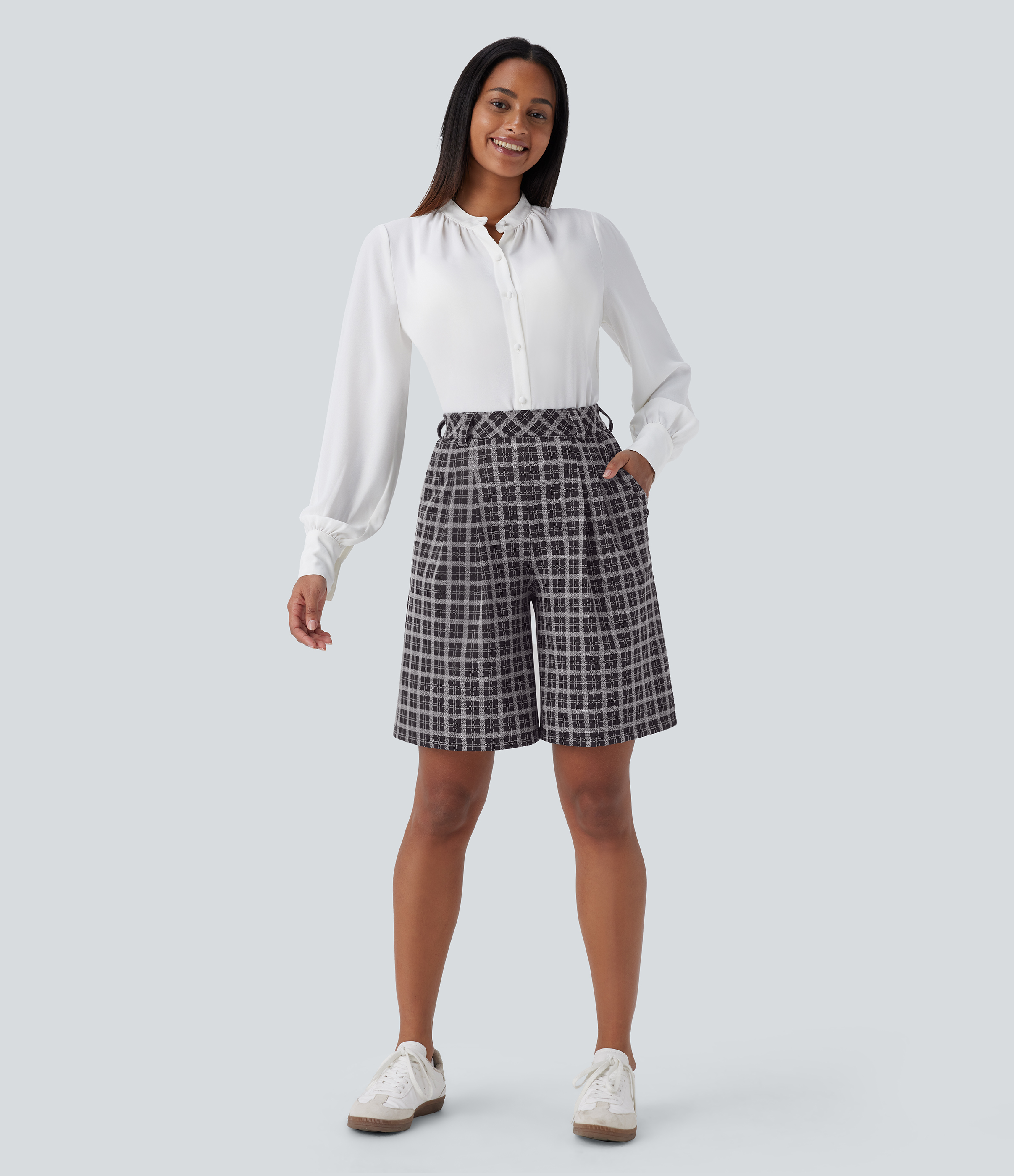 Halara High Waisted Side Pocket Plaid Work Bermuda Shorts  - Black White Maine Coon Plaid - L booty shorts compression shorts yoga shorts 