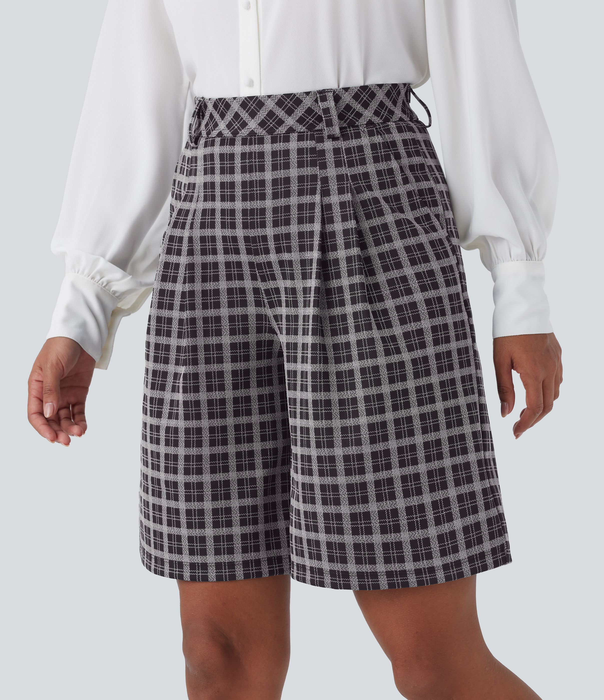 Halara High Waisted Side Pocket Plaid Work Bermuda Shorts  - Black White Maine Coon Plaid - L booty shorts compression shorts yoga shorts 