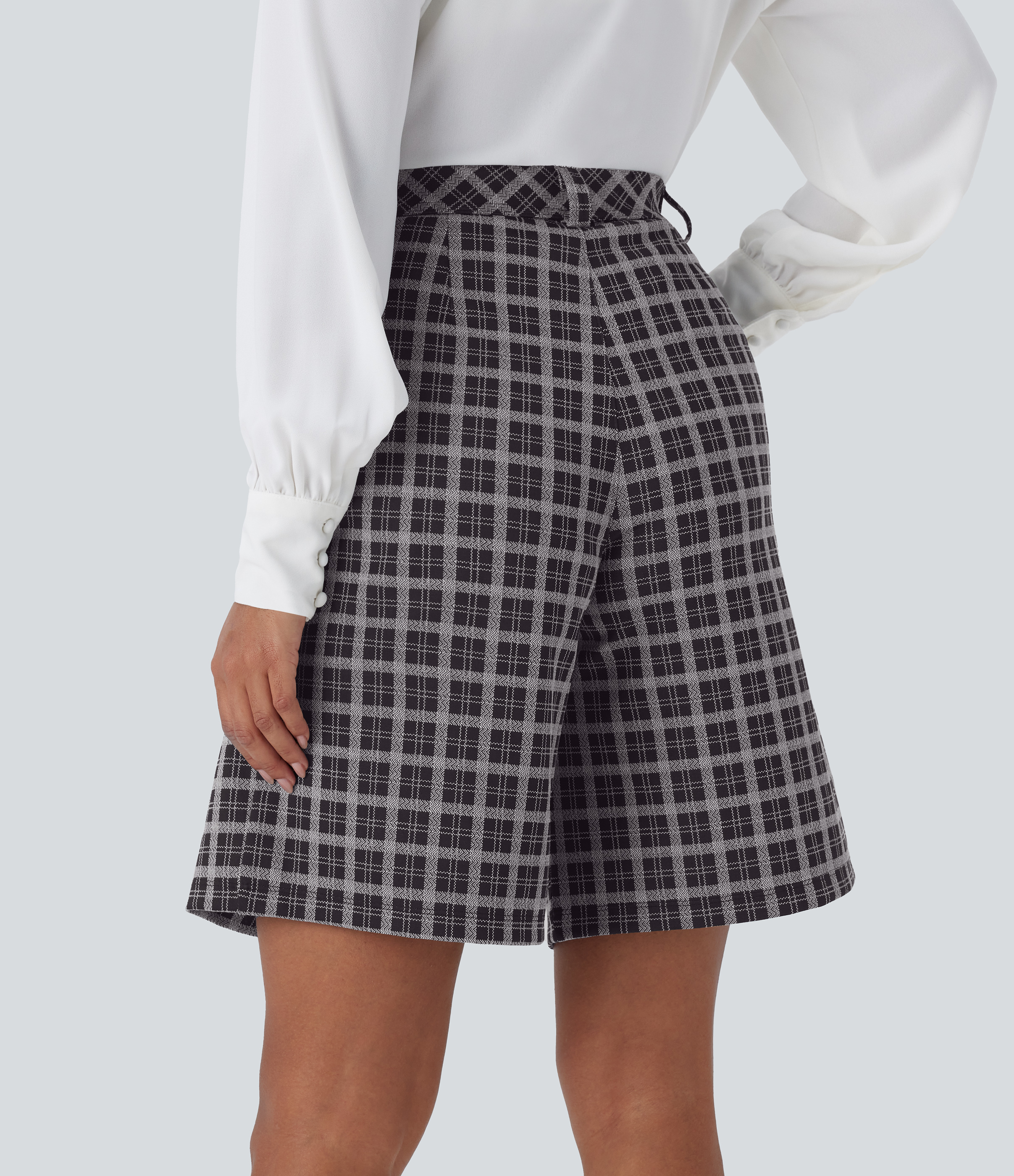 Halara High Waisted Side Pocket Plaid Work Bermuda Shorts  - Black White Maine Coon Plaid - L booty shorts compression shorts yoga shorts 
