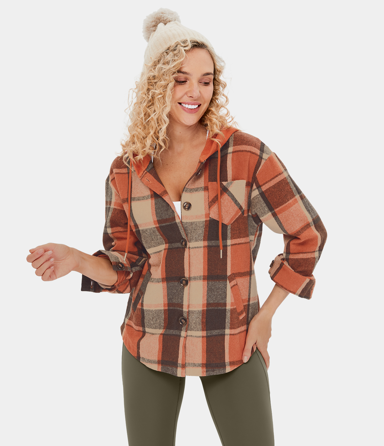 Halara Hooded Drawstring Button Side Pocket Plaid Fleece Casual Jacket  - Orange Grey Plaid - L 