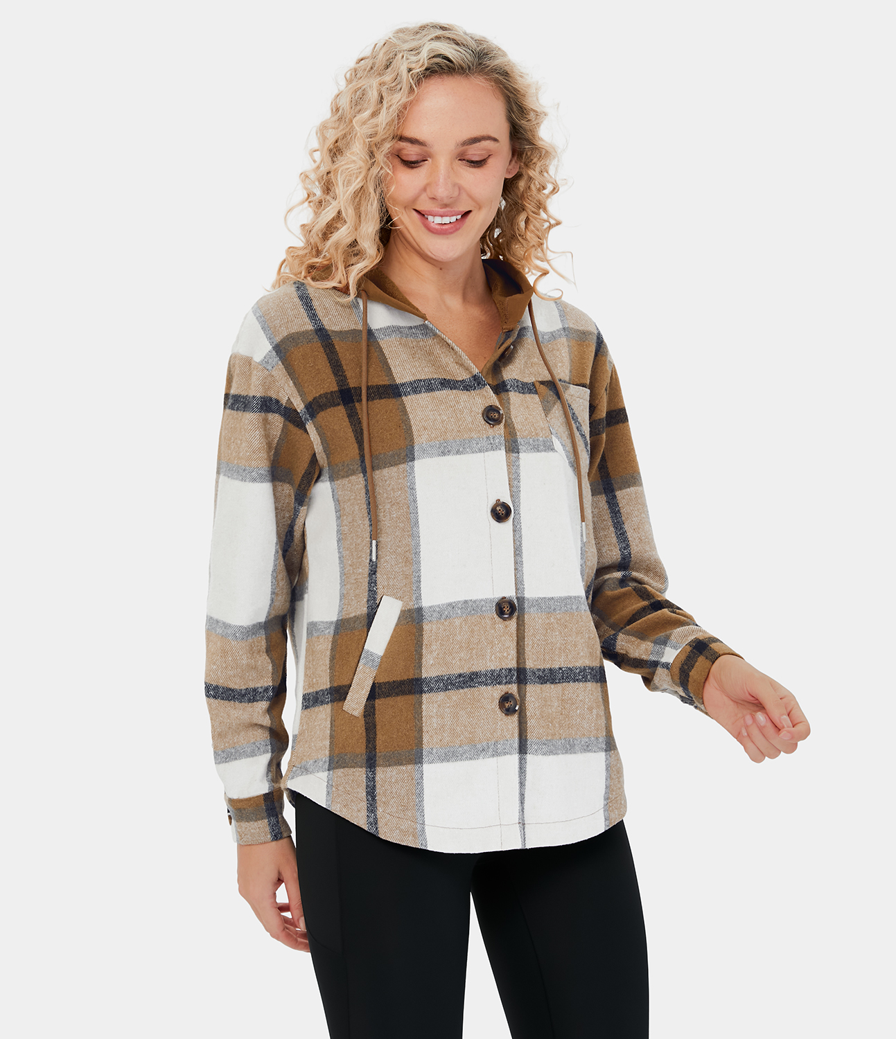 Halara Hooded Drawstring Button Side Pocket Plaid Fleece Casual Jacket  - Dark Brown Square - L 