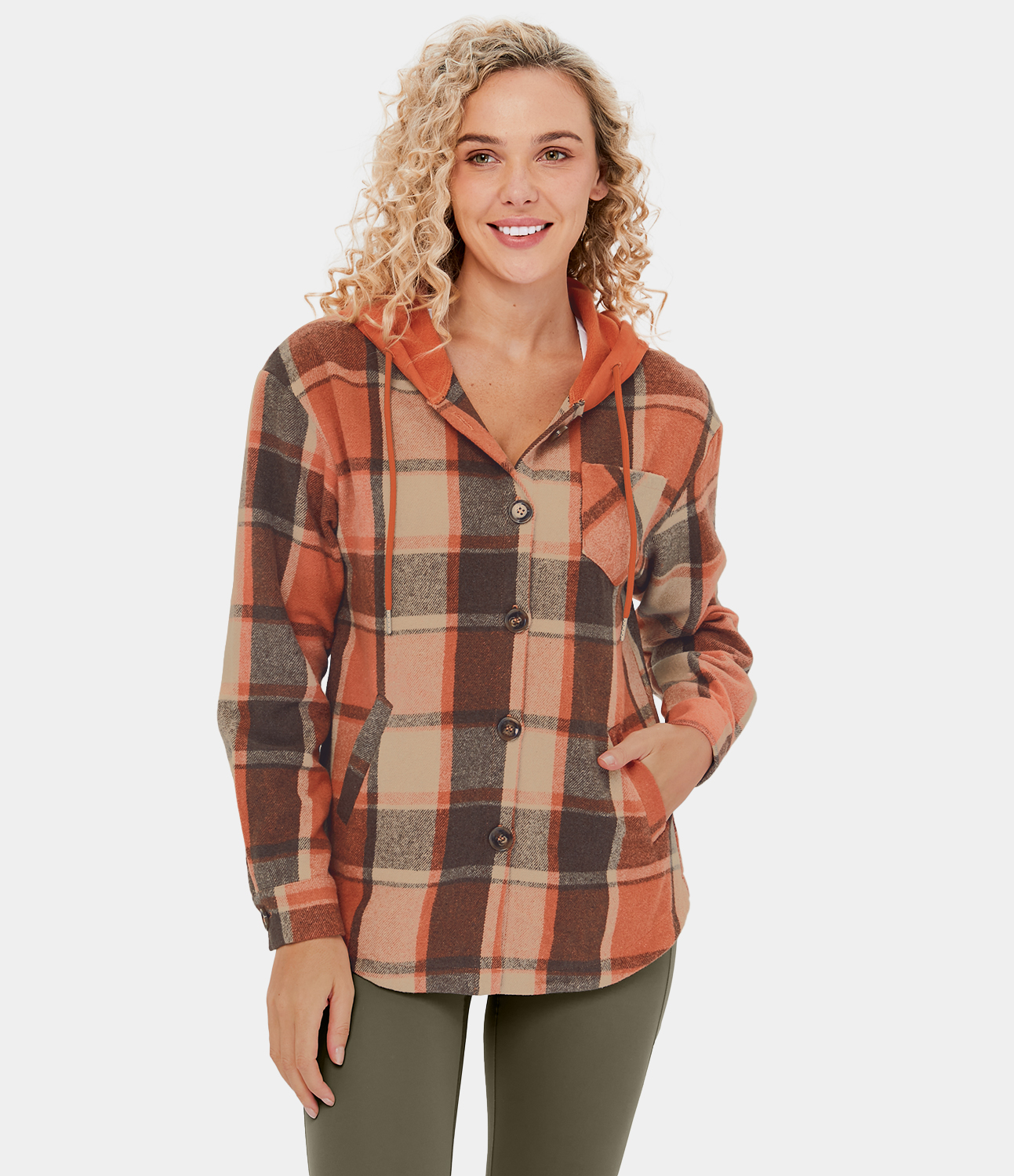 Halara Hooded Drawstring Button Side Pocket Plaid Fleece Casual Jacket  - Orange Grey Plaid - L 