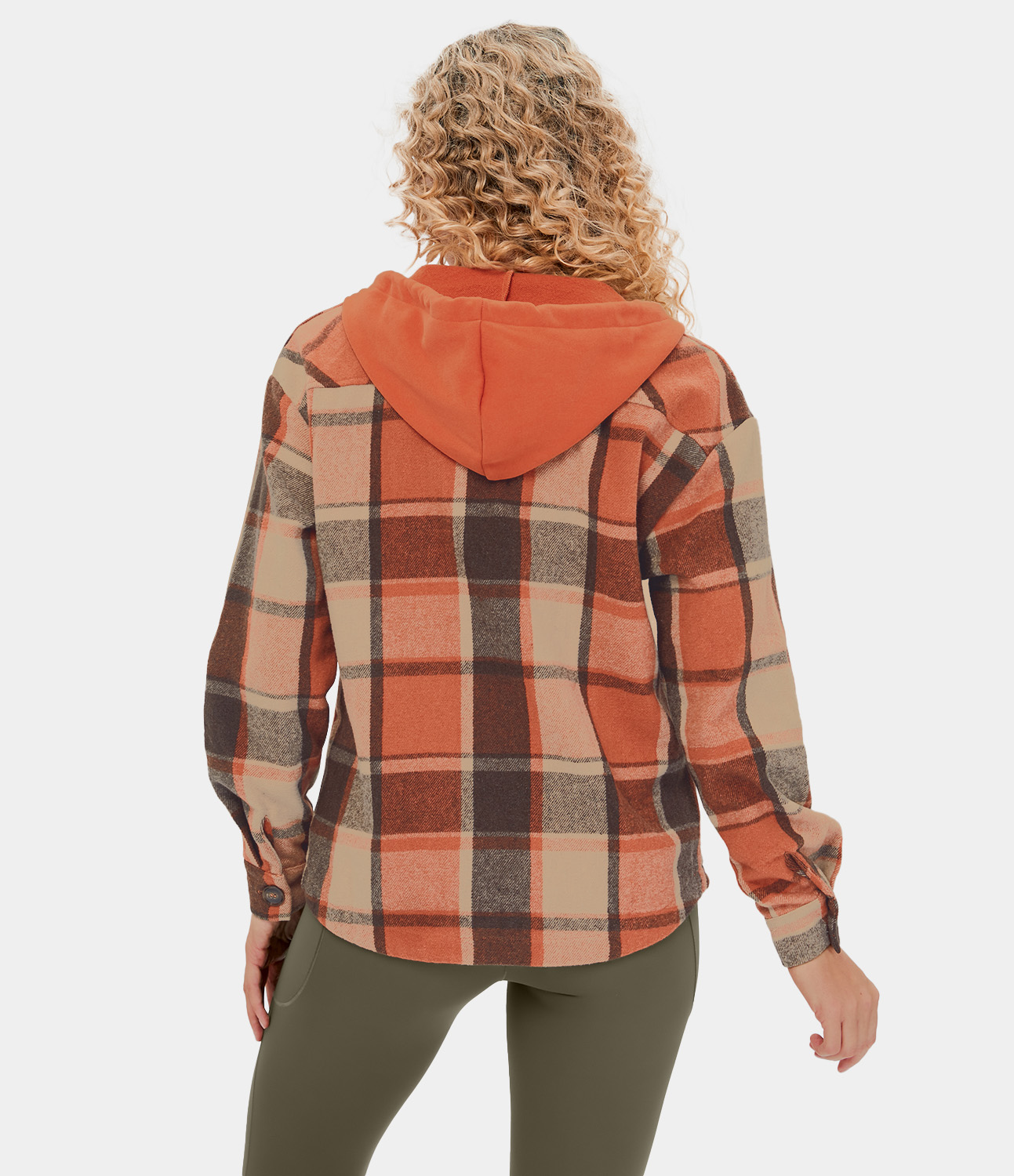 Halara Hooded Drawstring Button Side Pocket Plaid Fleece Casual Jacket  - Orange Grey Plaid - L 