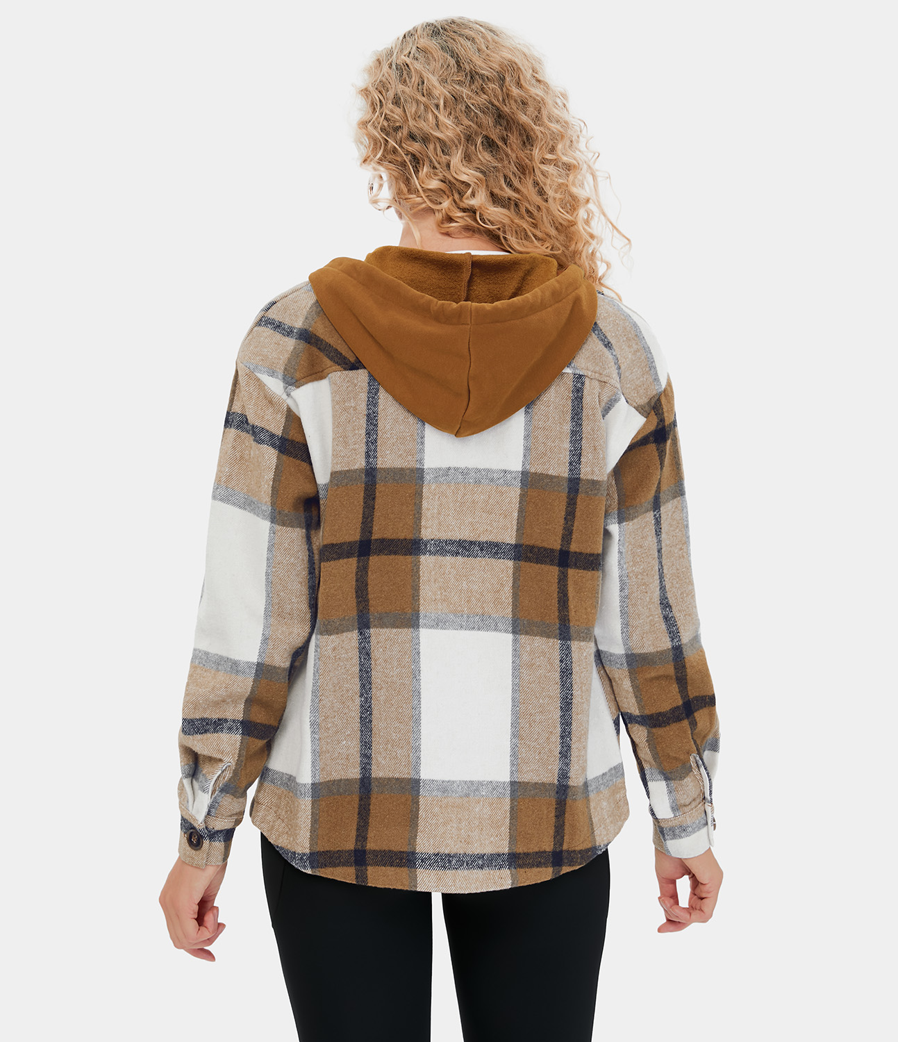 Halara Hooded Drawstring Button Side Pocket Plaid Fleece Casual Jacket  - Dark Brown Square - L 