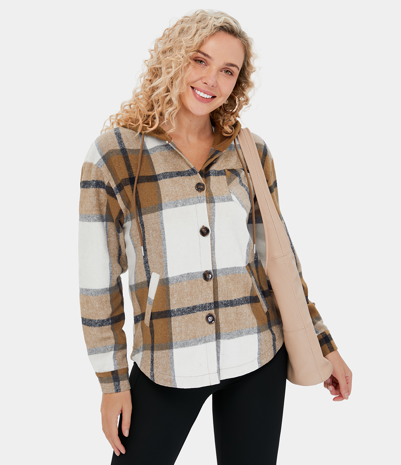 Halara Hooded Drawstring Button Side Pocket Plaid Fleece Casual Jacket  - Dark Brown Square - L 