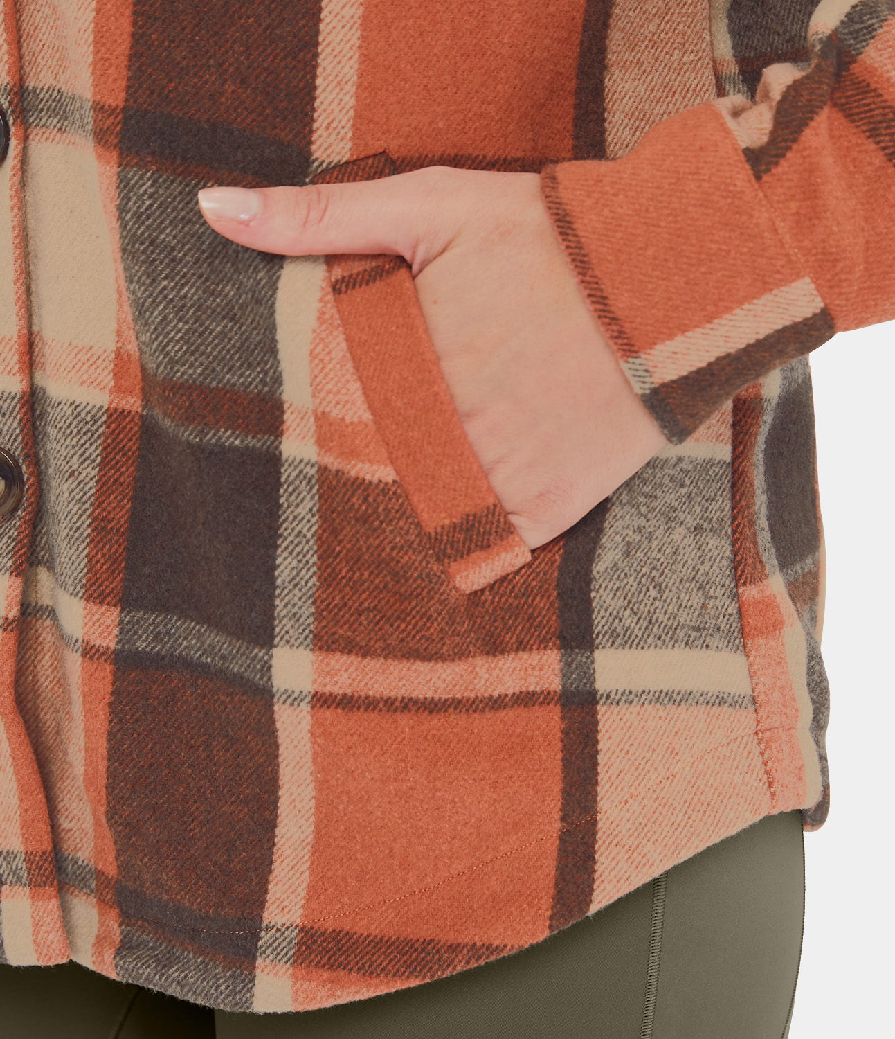 Halara Hooded Drawstring Button Side Pocket Plaid Fleece Casual Jacket  - Orange Grey Plaid - L 