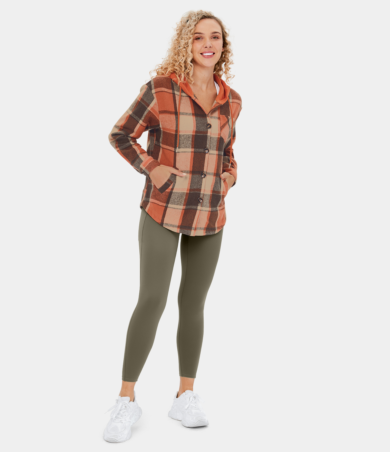 Halara Hooded Drawstring Button Side Pocket Plaid Fleece Casual Jacket  - Orange Grey Plaid - L 