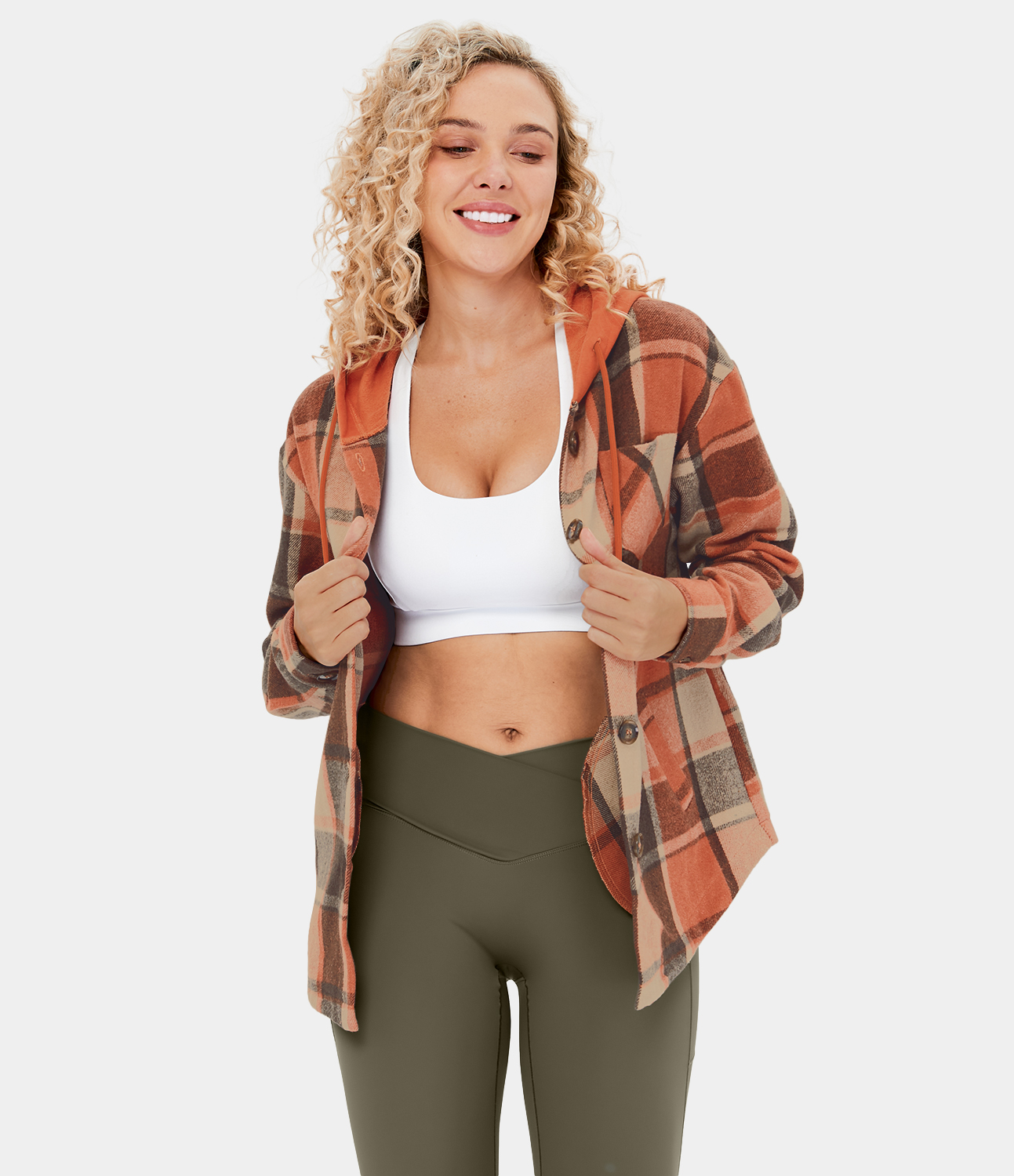 Halara Hooded Drawstring Button Side Pocket Plaid Fleece Casual Jacket  - Orange Grey Plaid - L 