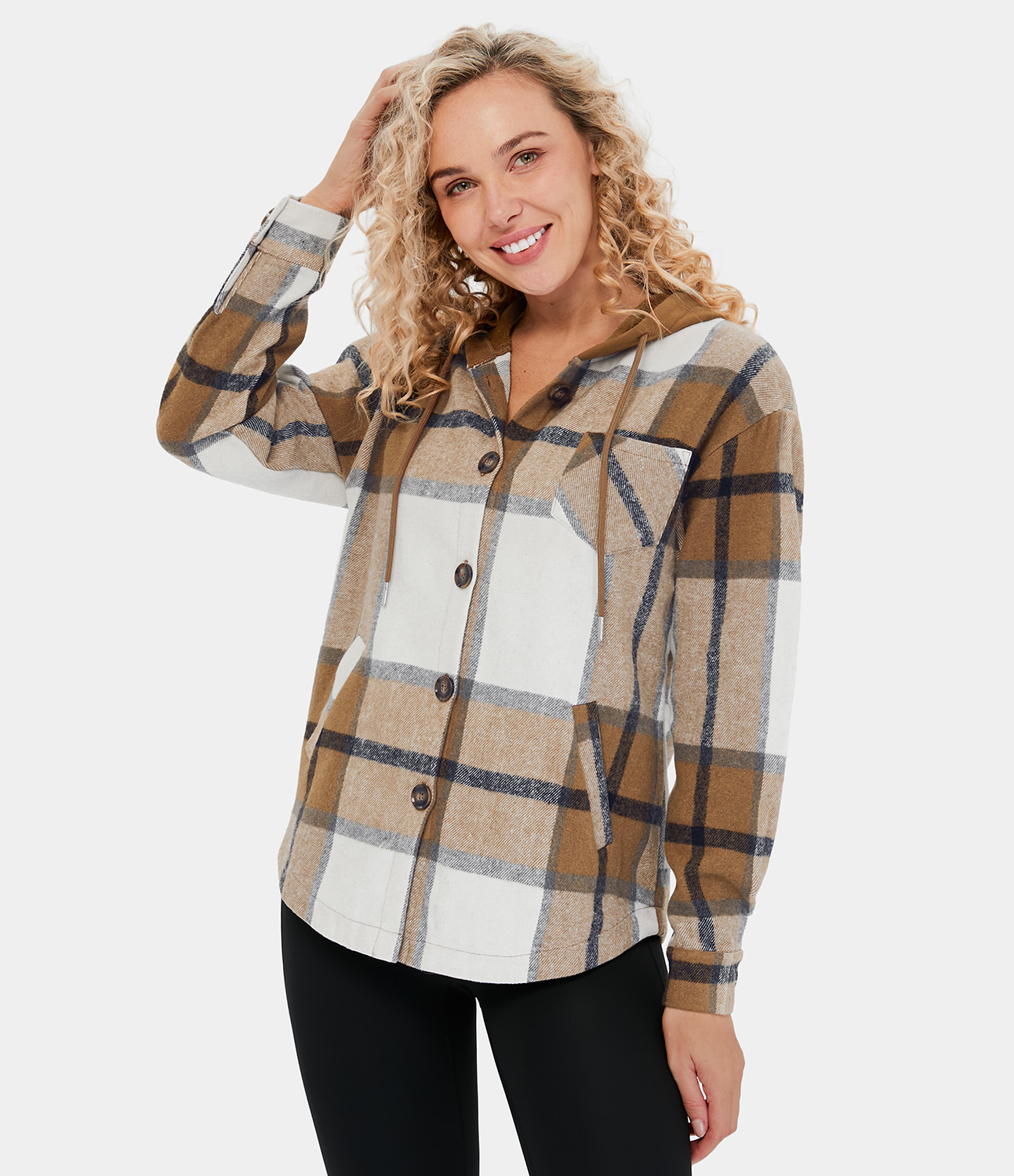 Halara Hooded Drawstring Button Side Pocket Plaid Fleece Casual Jacket  - Dark Brown Square - L 