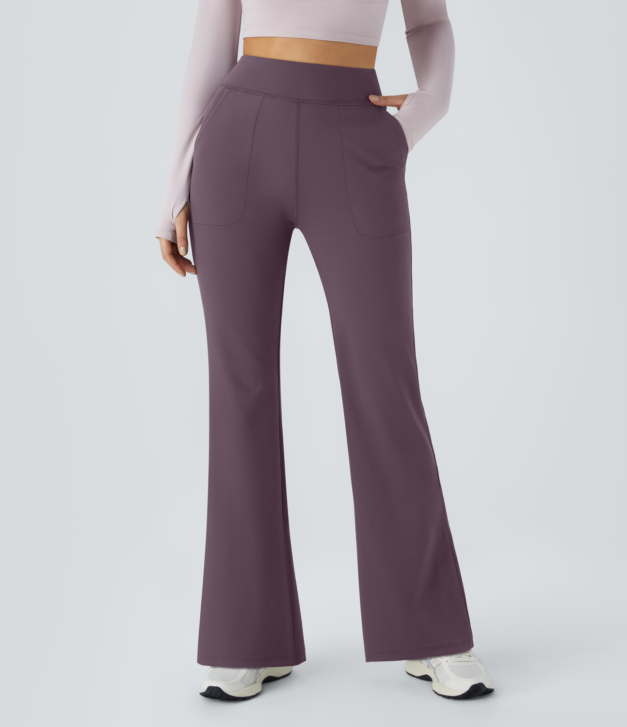 Halara In My Feels High Waisted Side Pocket Plain Flare Leggings  - Dusky Evening purple - XL gym leggings leggings with pockets 