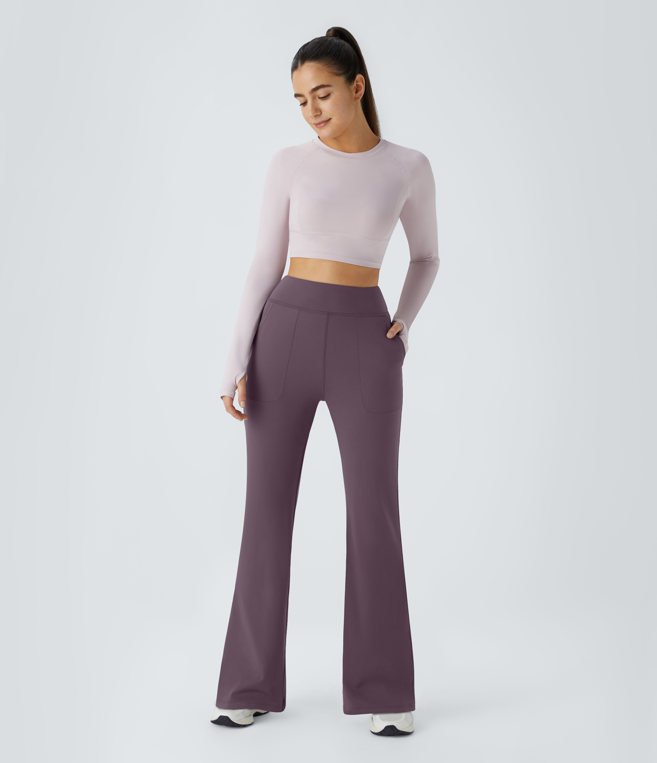Halara In My Feels High Waisted Side Pocket Plain Flare Leggings  - Dusky Evening purple - XL gym leggings leggings with pockets 