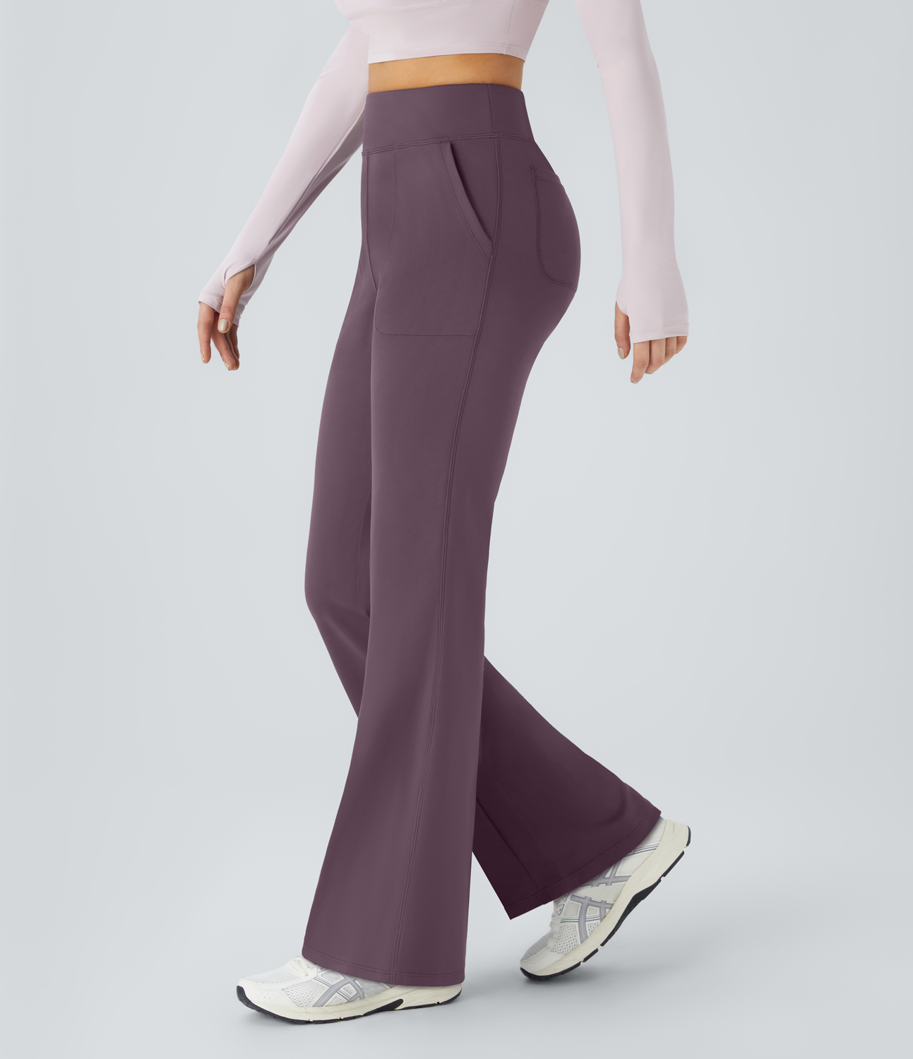 Halara In My Feels High Waisted Side Pocket Plain Flare Leggings  - Dusky Evening purple - XL gym leggings leggings with pockets 