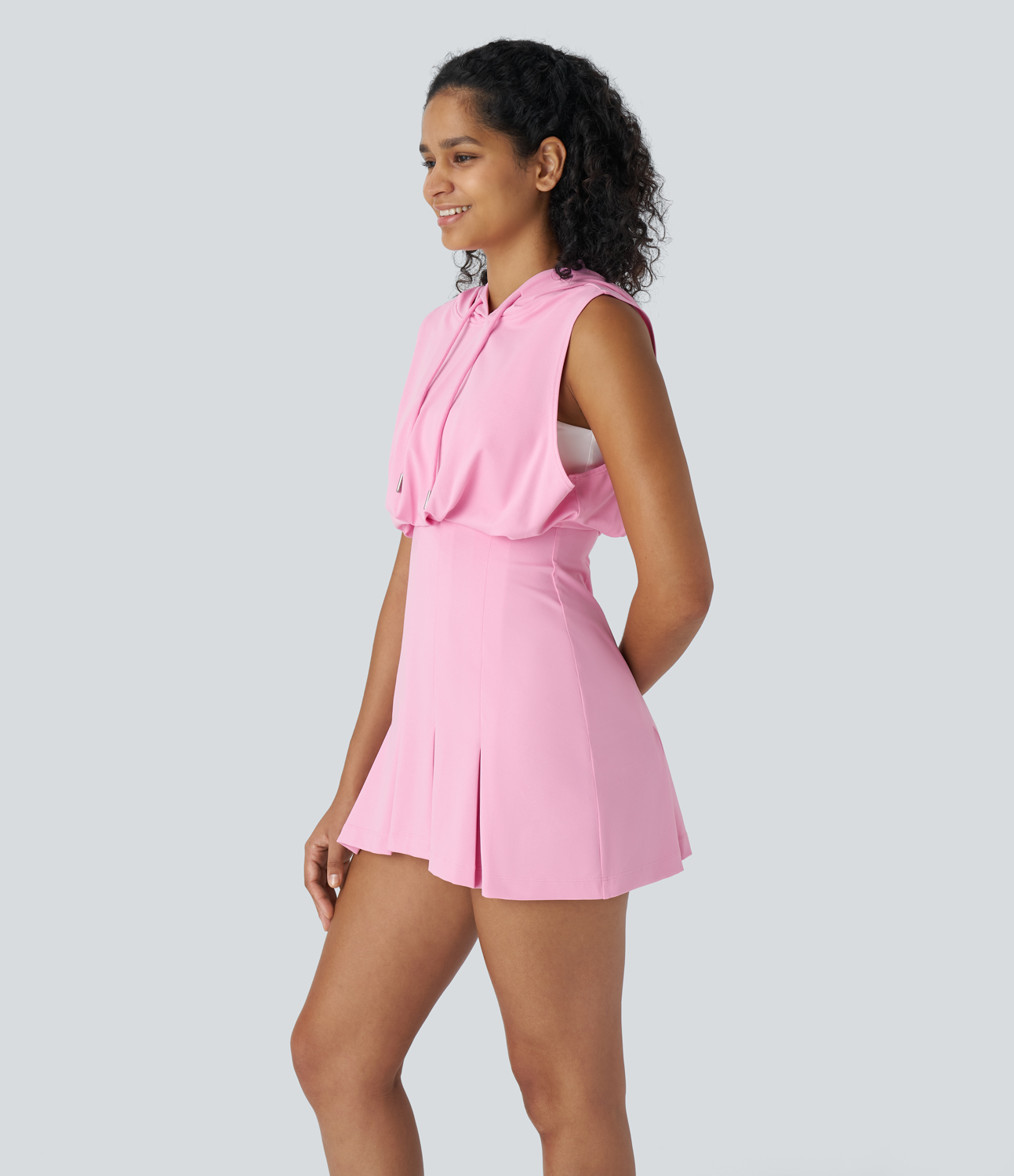 Halara Hooded Drawstring Sleeveless Pleated Mini Casual Dress Casual Dress - Nosegay - S slip dress beach dress ruched dress halter dress 