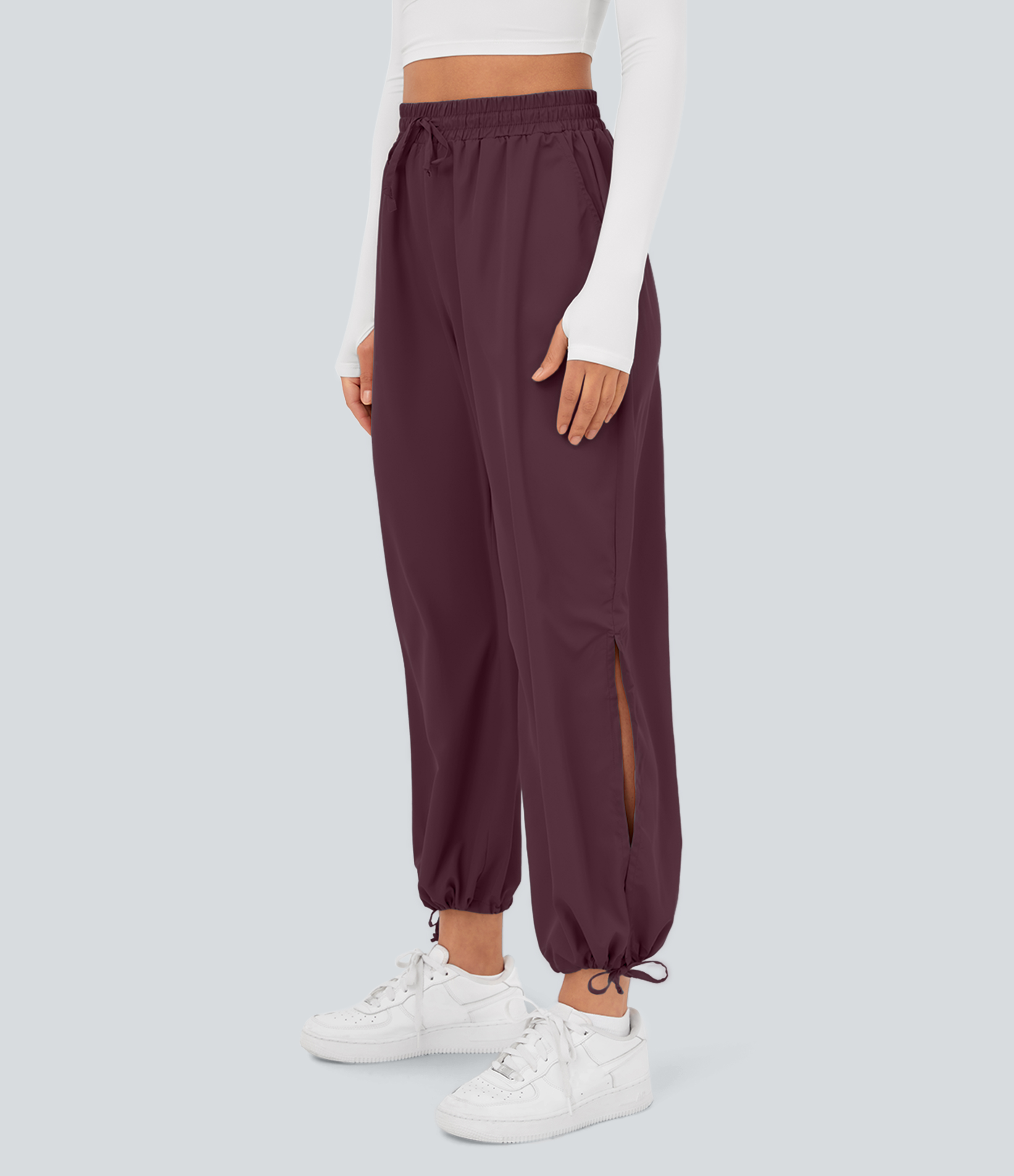 Halara Breezefulв„ў High Waisted Drawstring Side Pocket Split Hem Quick Dry Casual Joggers  - Deep Crimson - S 