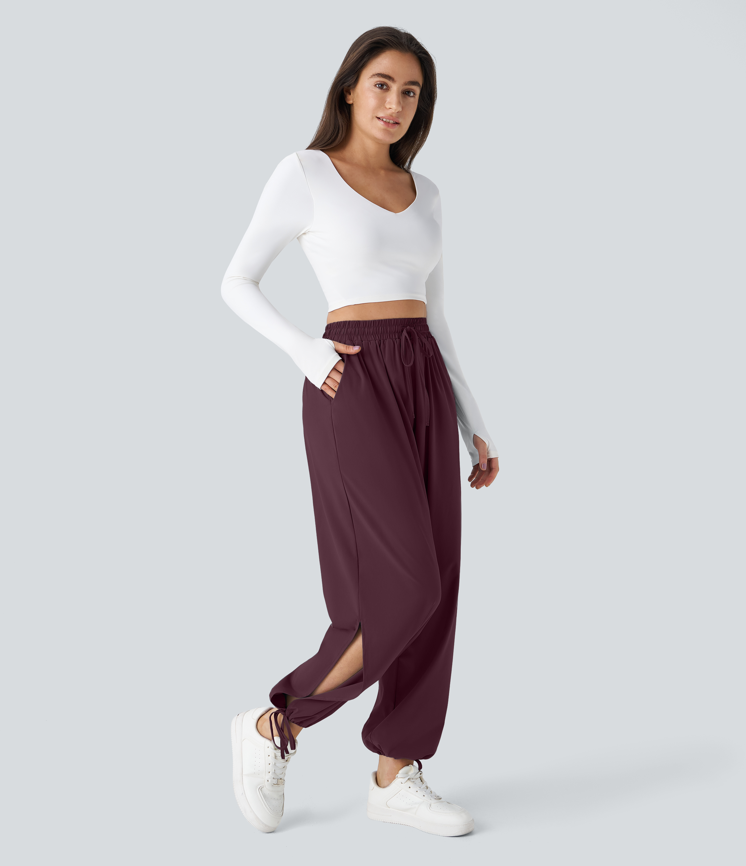 Halara Breezefulв„ў High Waisted Drawstring Side Pocket Split Hem Quick Dry Casual Joggers  - Deep Crimson - S 
