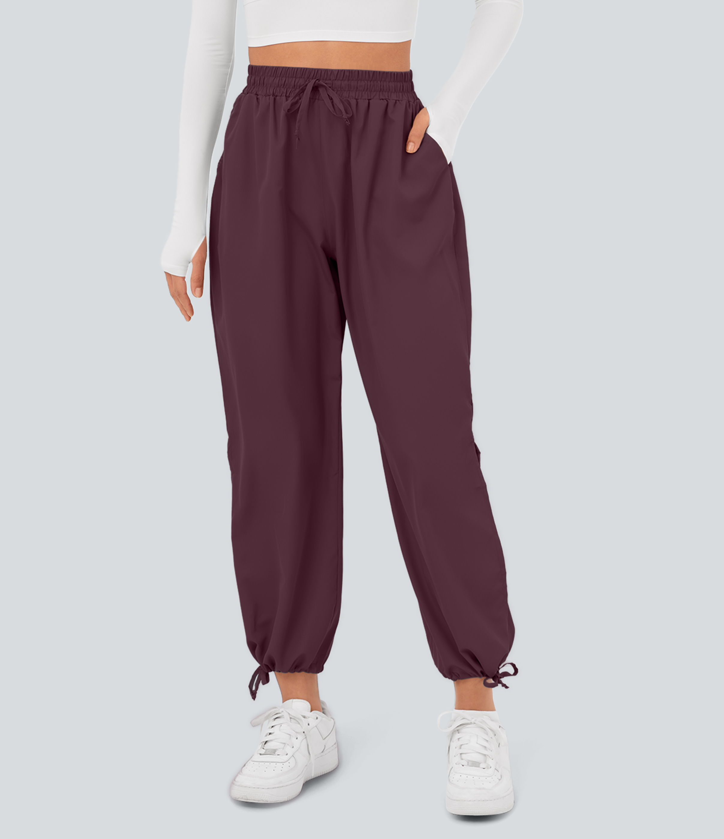 Halara Breezefulв„ў High Waisted Drawstring Side Pocket Split Hem Quick Dry Casual Joggers  - Deep Crimson - S 