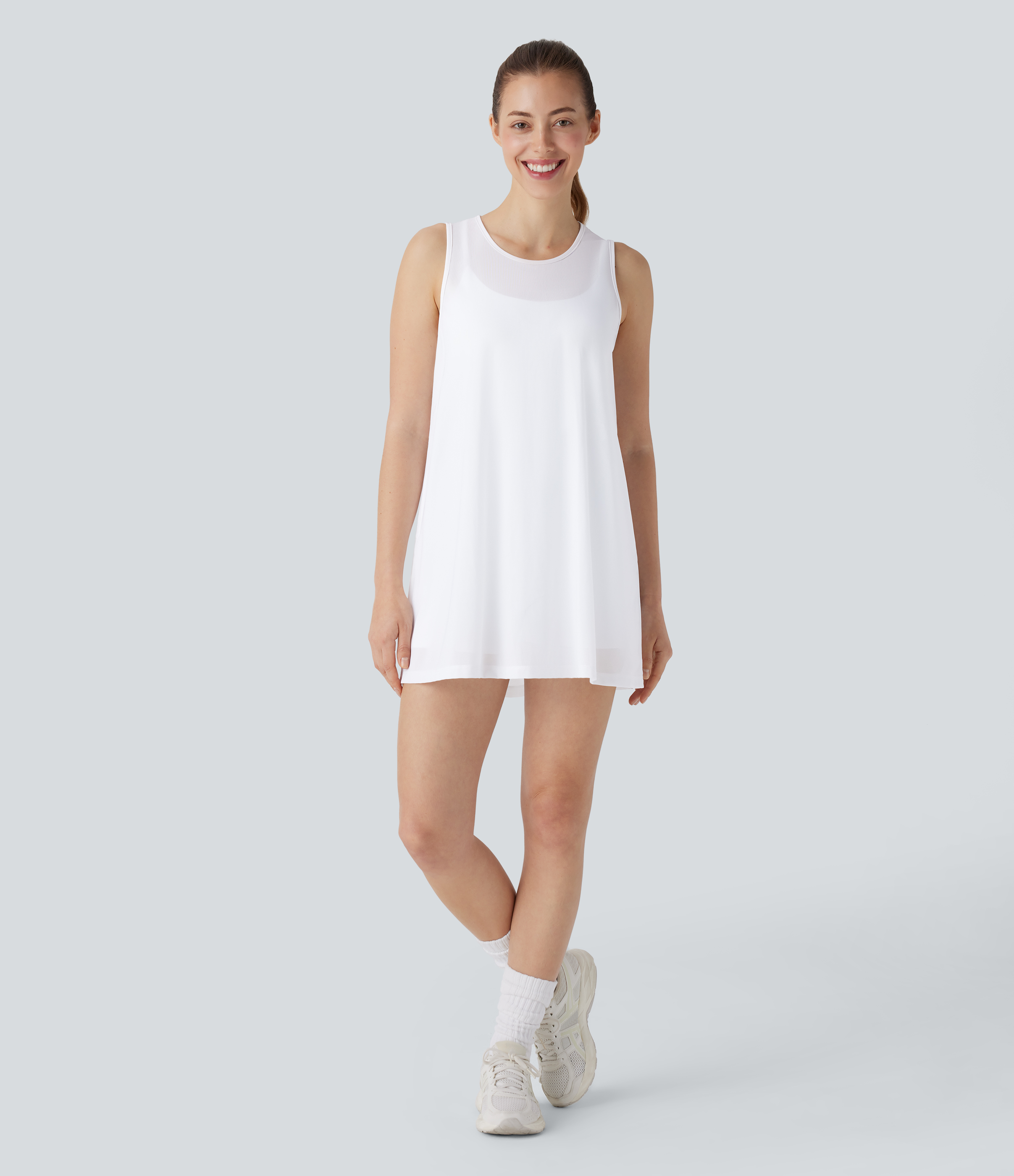 Halara Sleeveless Side Pocket Mini 2-piece Set Mesh Yoga Active Dress-Easy Peezy Workout Dress - Snow White - M 