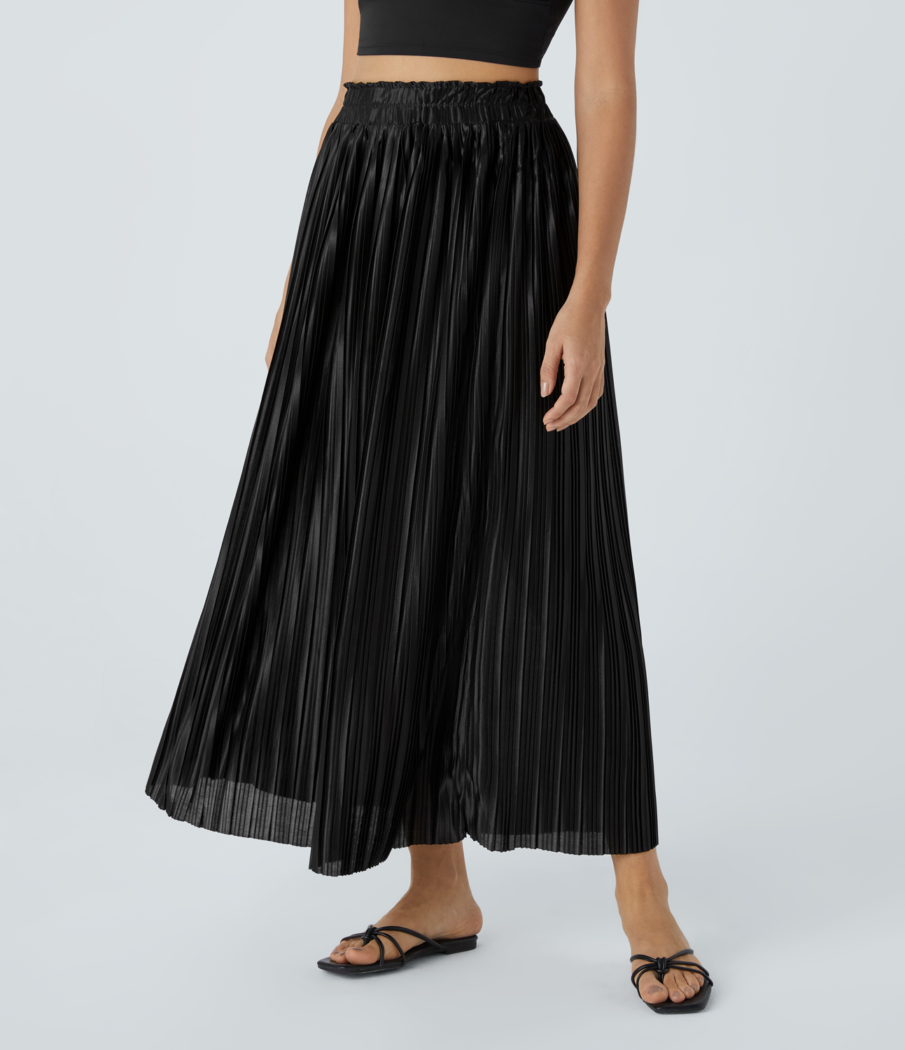 Black High Waisted Plisse Flowy Maxi Satin-Like Casual Skirt / 1