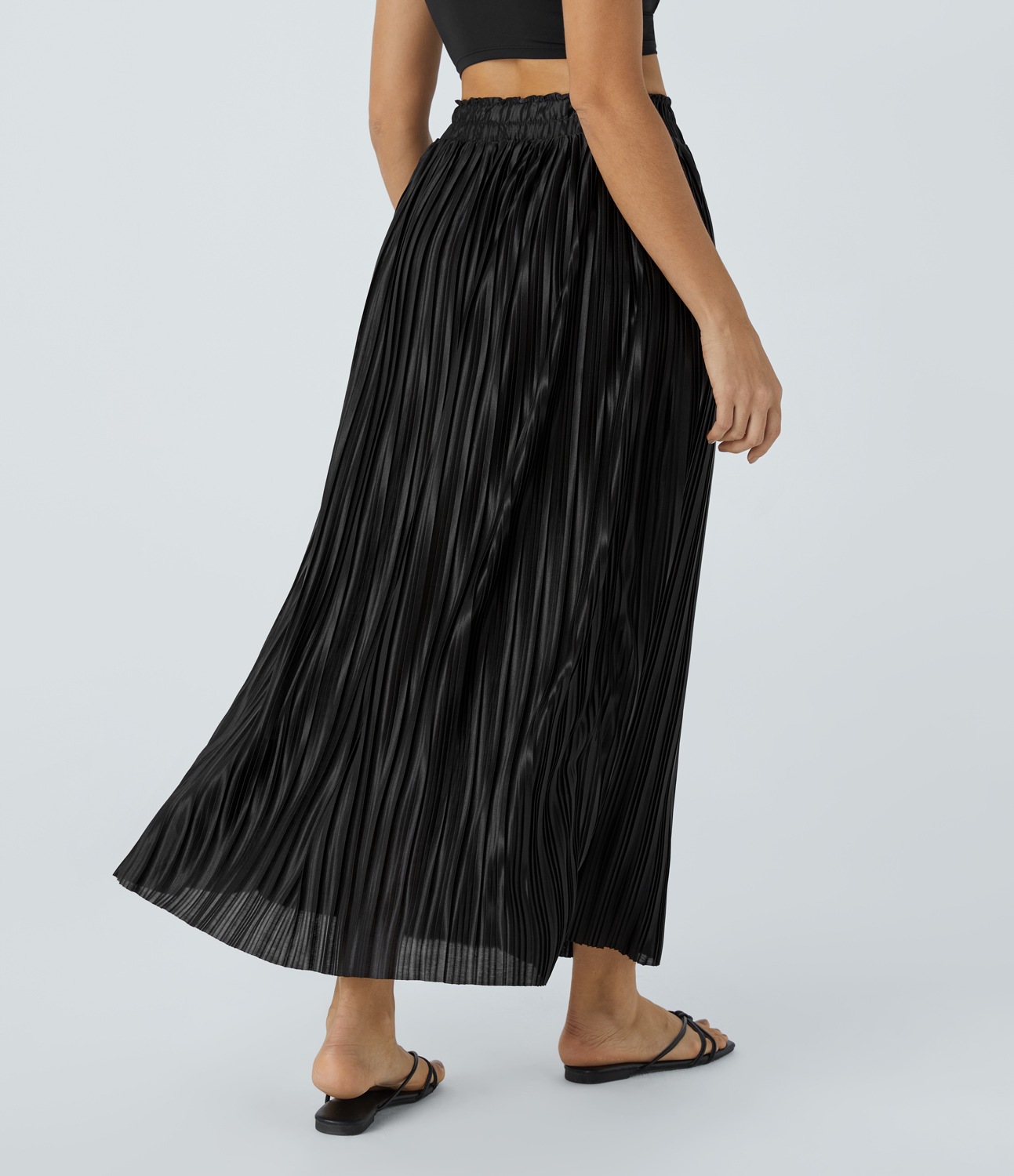 Black High Waisted Plisse Flowy Maxi Satin-Like Casual Skirt / 2