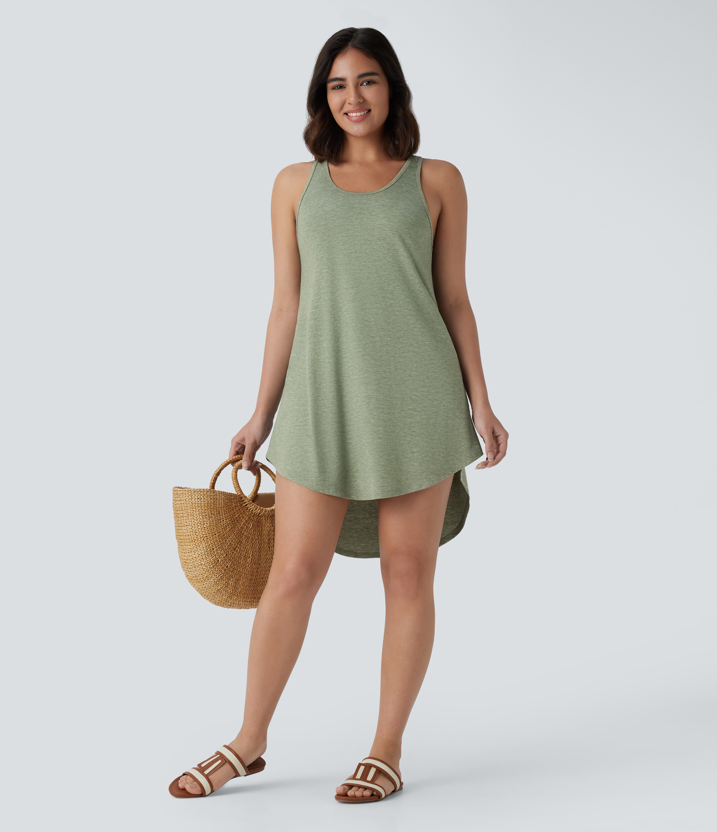 Halara U Neck Backless Racerback Side Pocket High Low Curved Hem Mini Resort Dress Casual Dress - Light Green Floral Yarn - L slip dress 