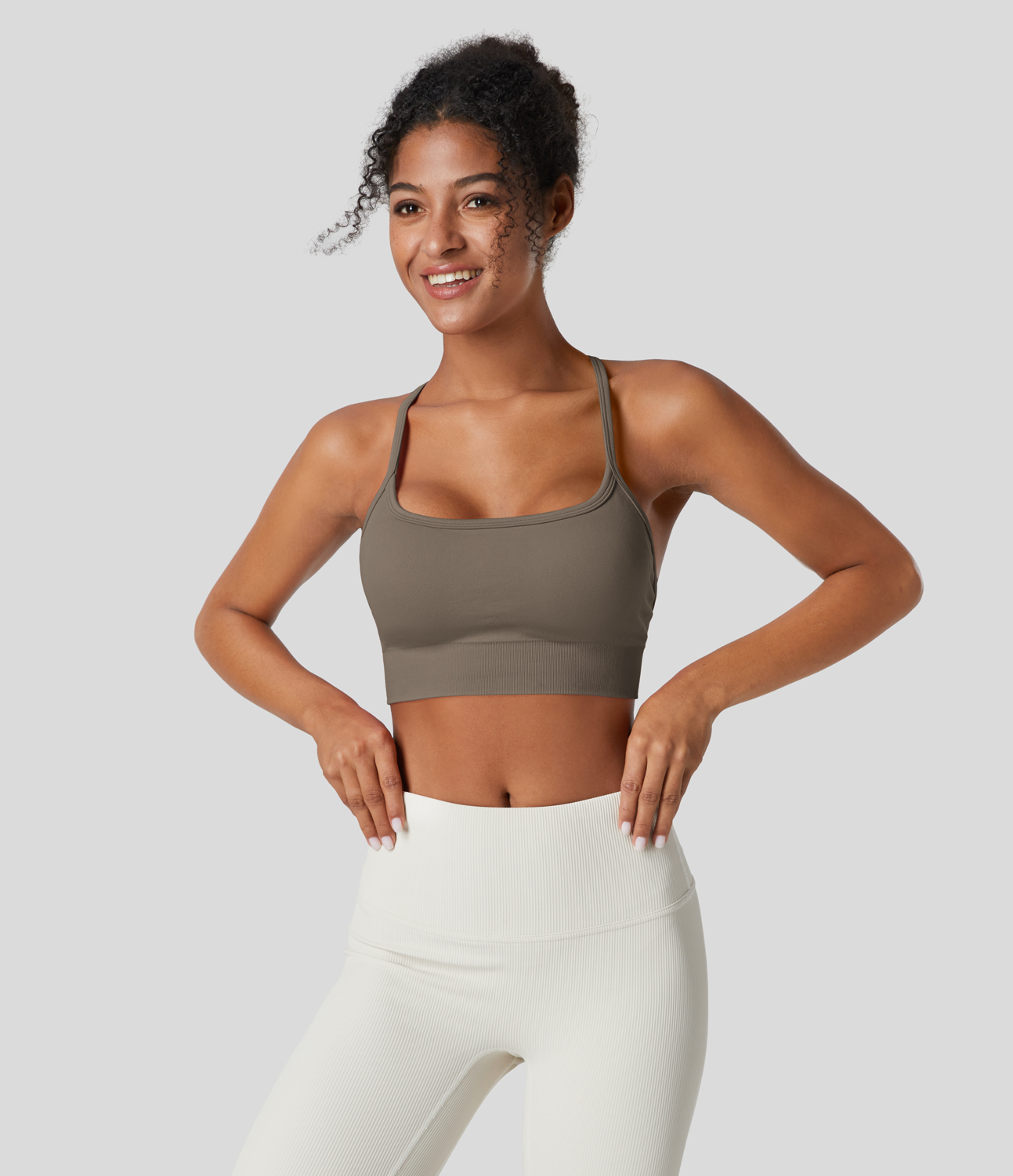 Halara Seamless Flow Low Support Backless Crisscross Yoga Sports Bra  - Fossil - S push up bra strapless bra backless bra sticky bra 