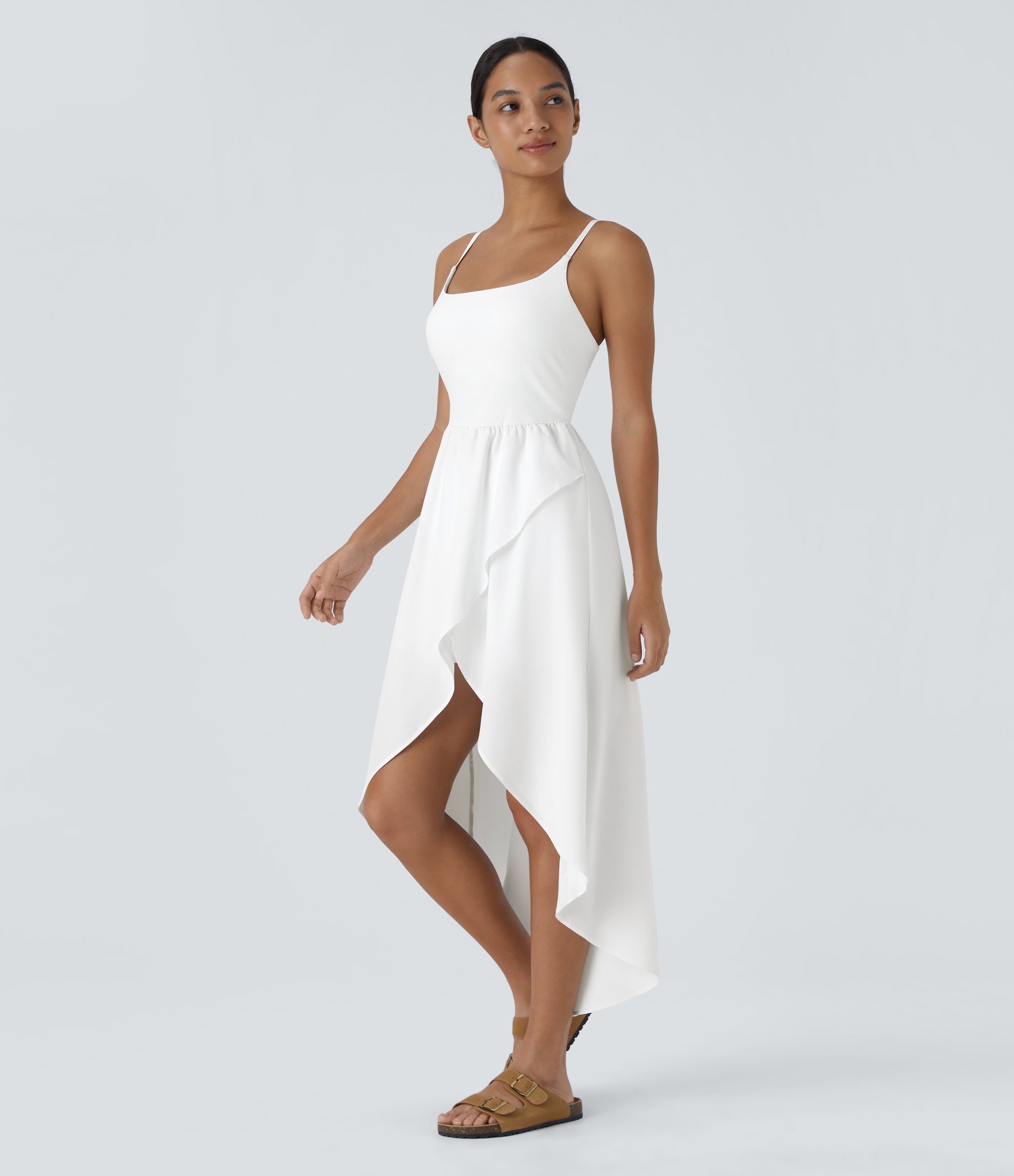 Halara Breezefulв„ў Backless High Low 2-Piece Side Pocket Flowy Midi Quick Dry Casual Dress Casual Dress - White - M slip dress beach dress 