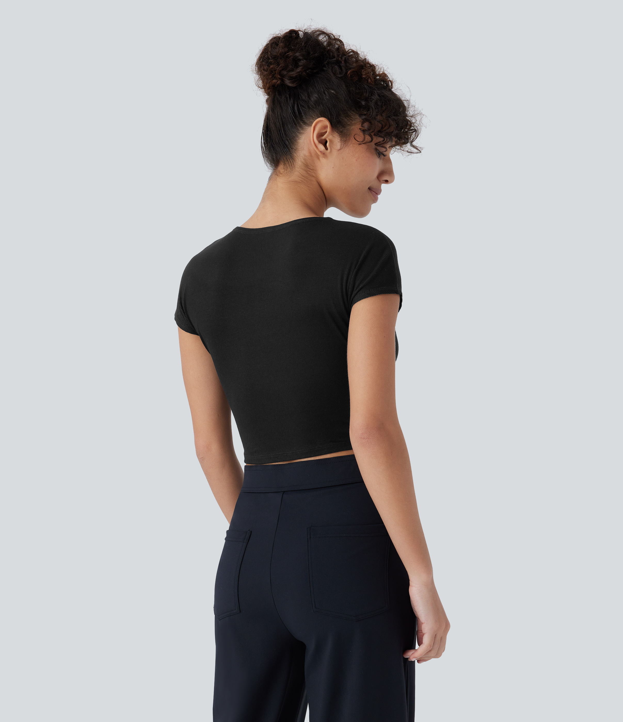 Halara Ribbed Knit Round Neck Short Sleeve Cropped Casual Top Tank Top - Black - L golf tops halter top tunic tops sleeveless tops 