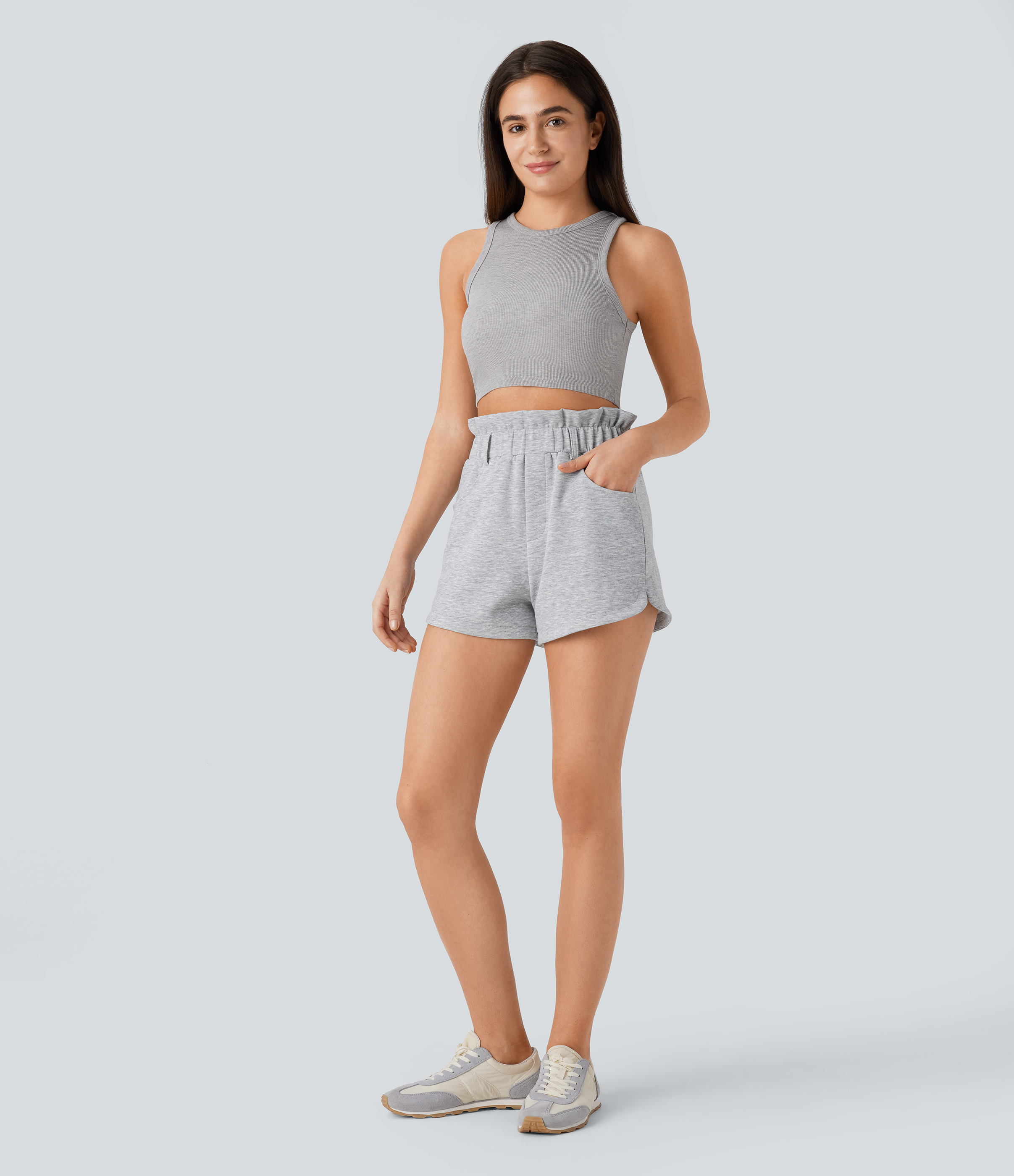 Halara Super High Waisted Ruffle Side Pocket Curved Hem Casual Shorts Gym Short - Fog Gray - XS booty shorts compression shorts yoga shorts 