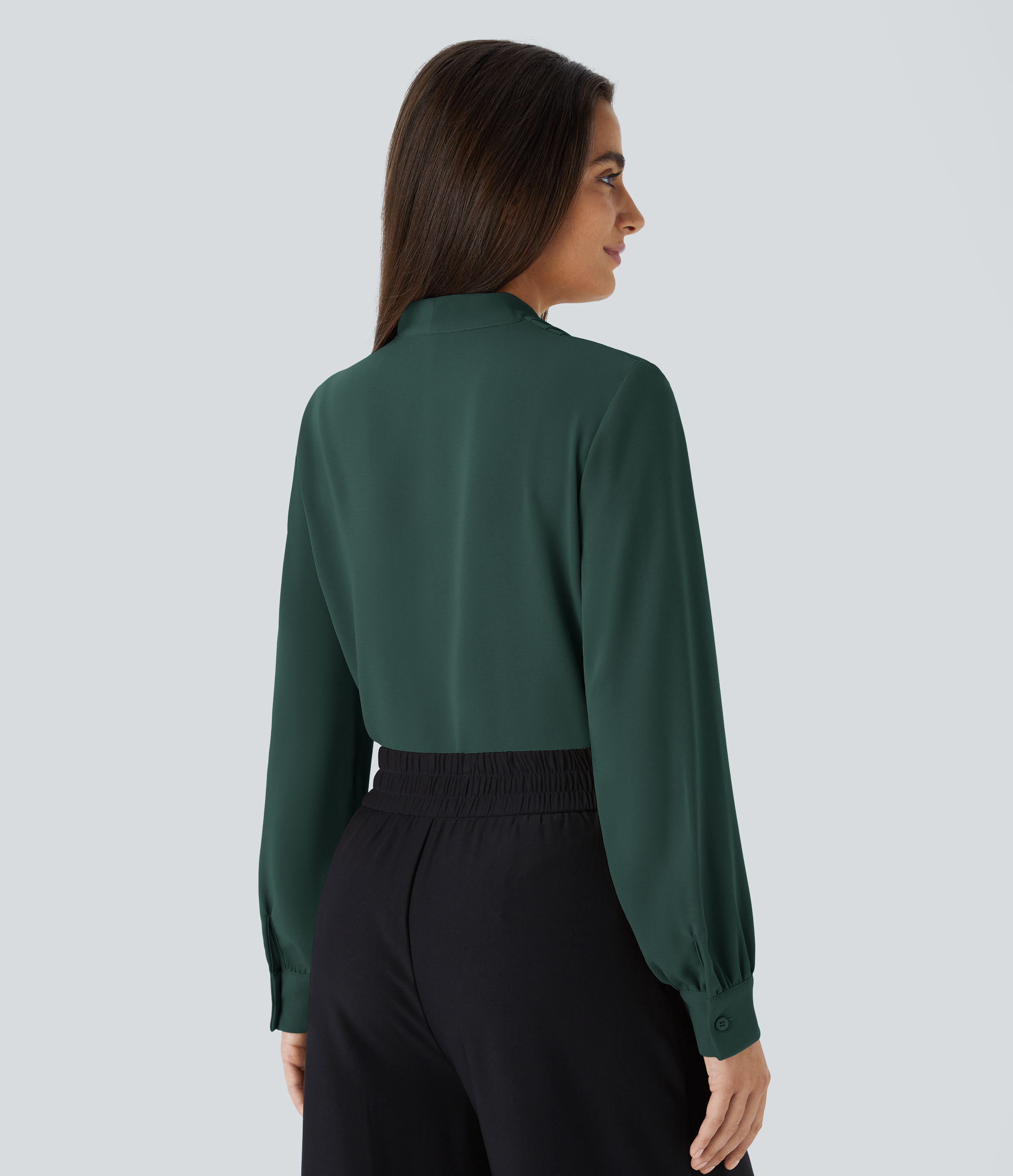 Halara V Neck Long Sleeve Work Blouse  - Karst Green - S 