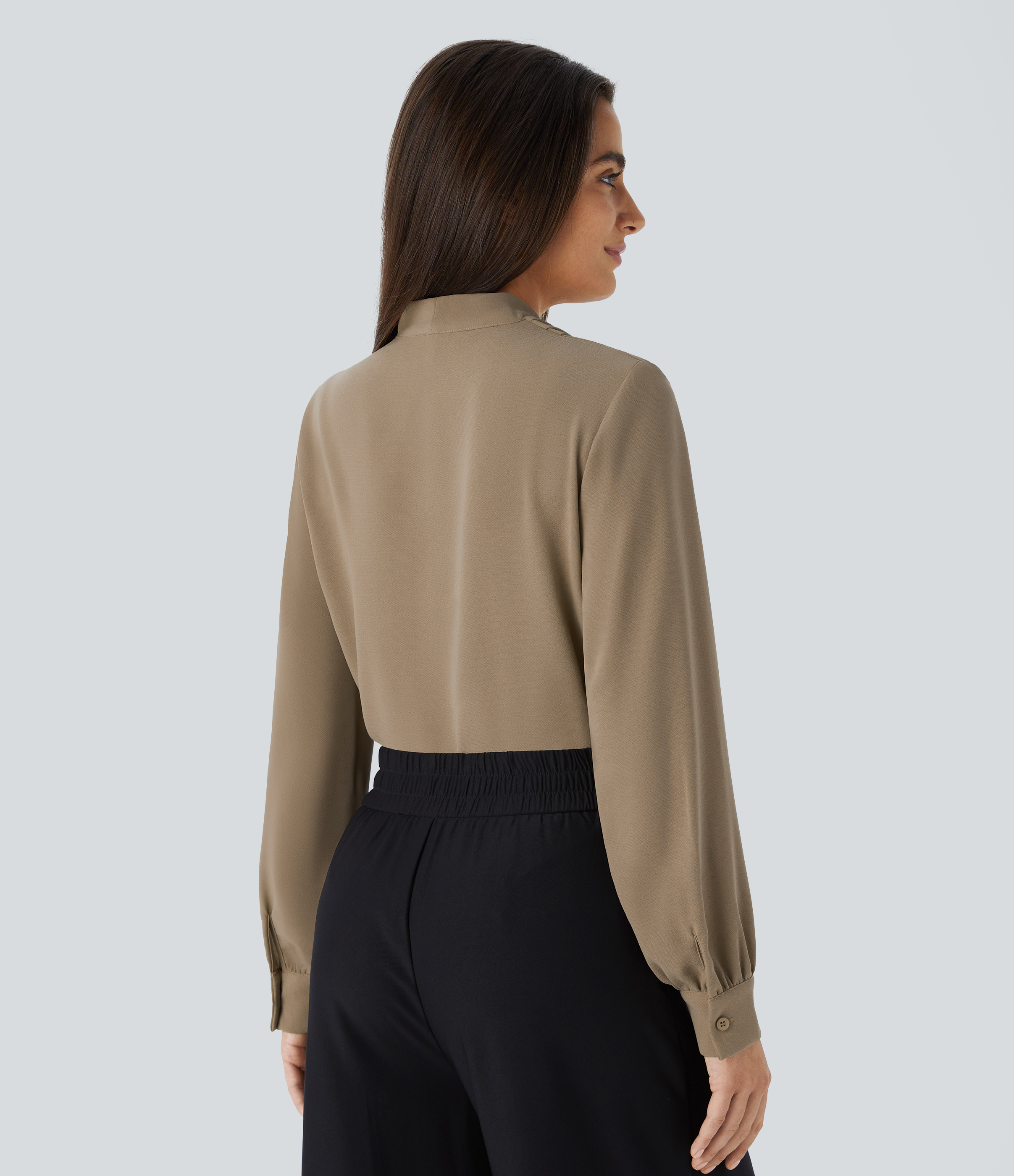 Halara V Neck Long Sleeve Work Blouse  - Petrified Oak - M 