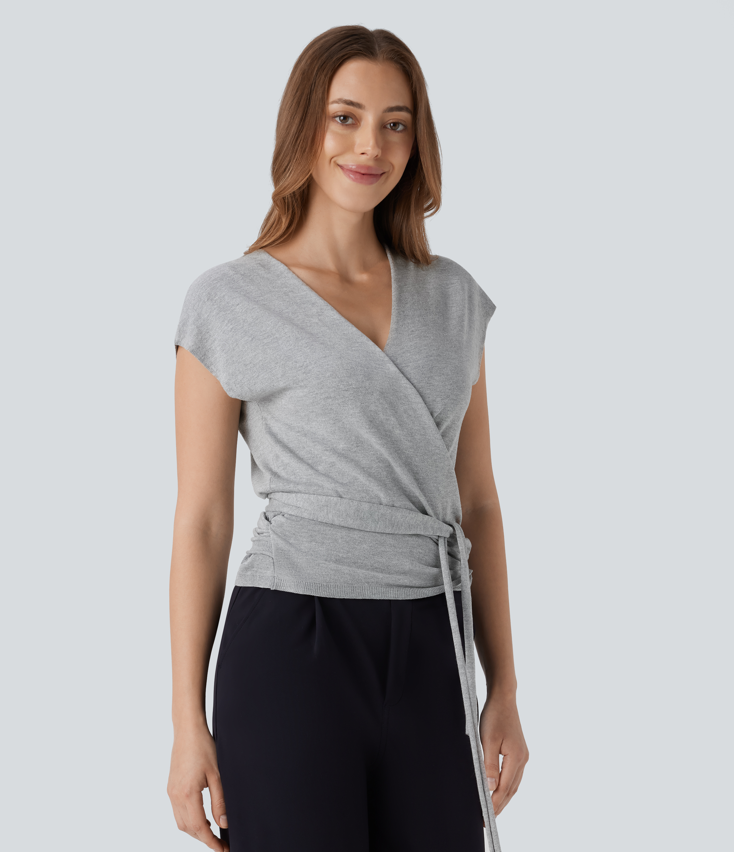 Halara V Neck Crossover Short Sleeve Belted Work Sweater  - Lunar Rock - L 