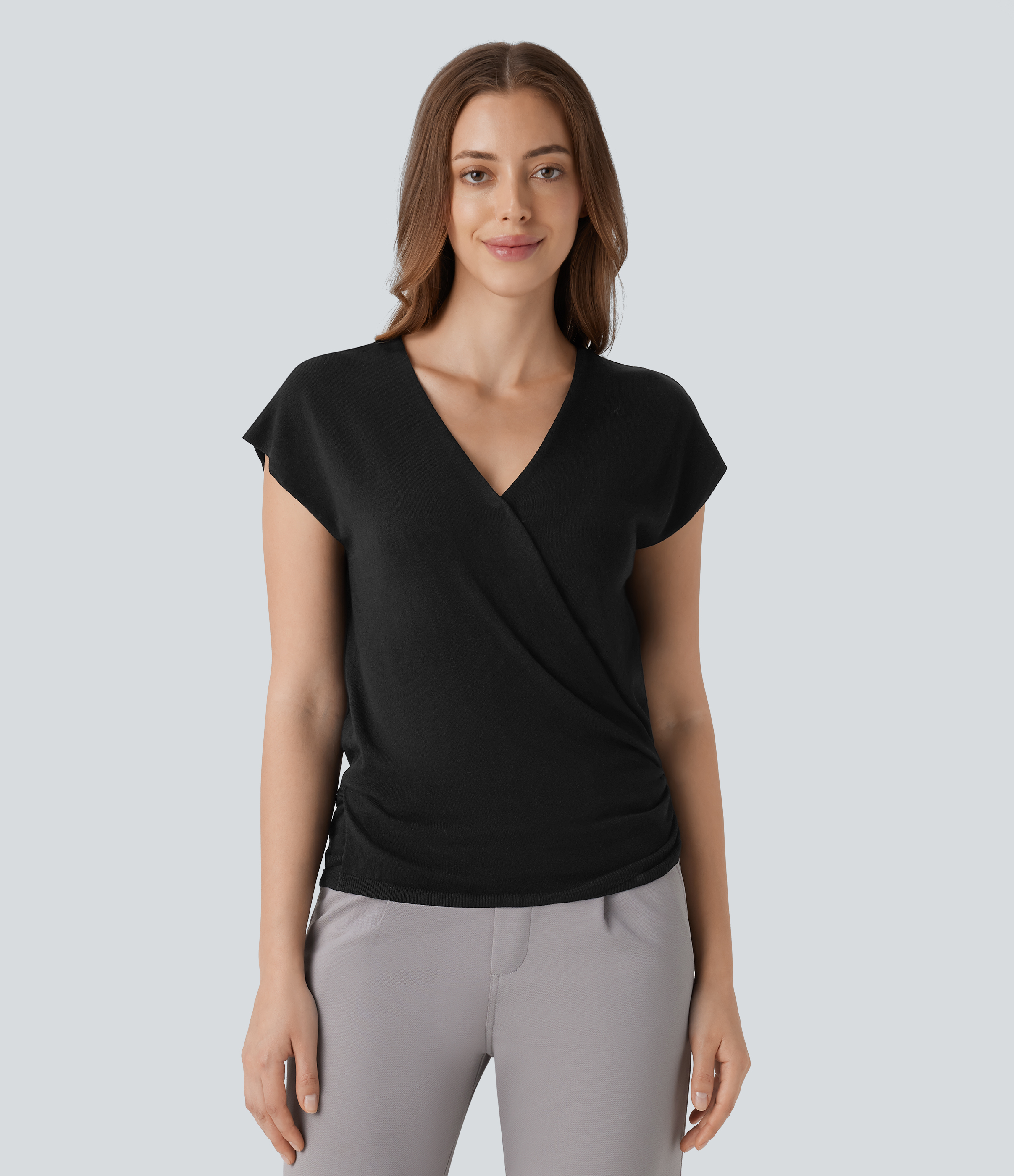 Halara V Neck Crossover Short Sleeve Belted Work Sweater  - Black - XS 