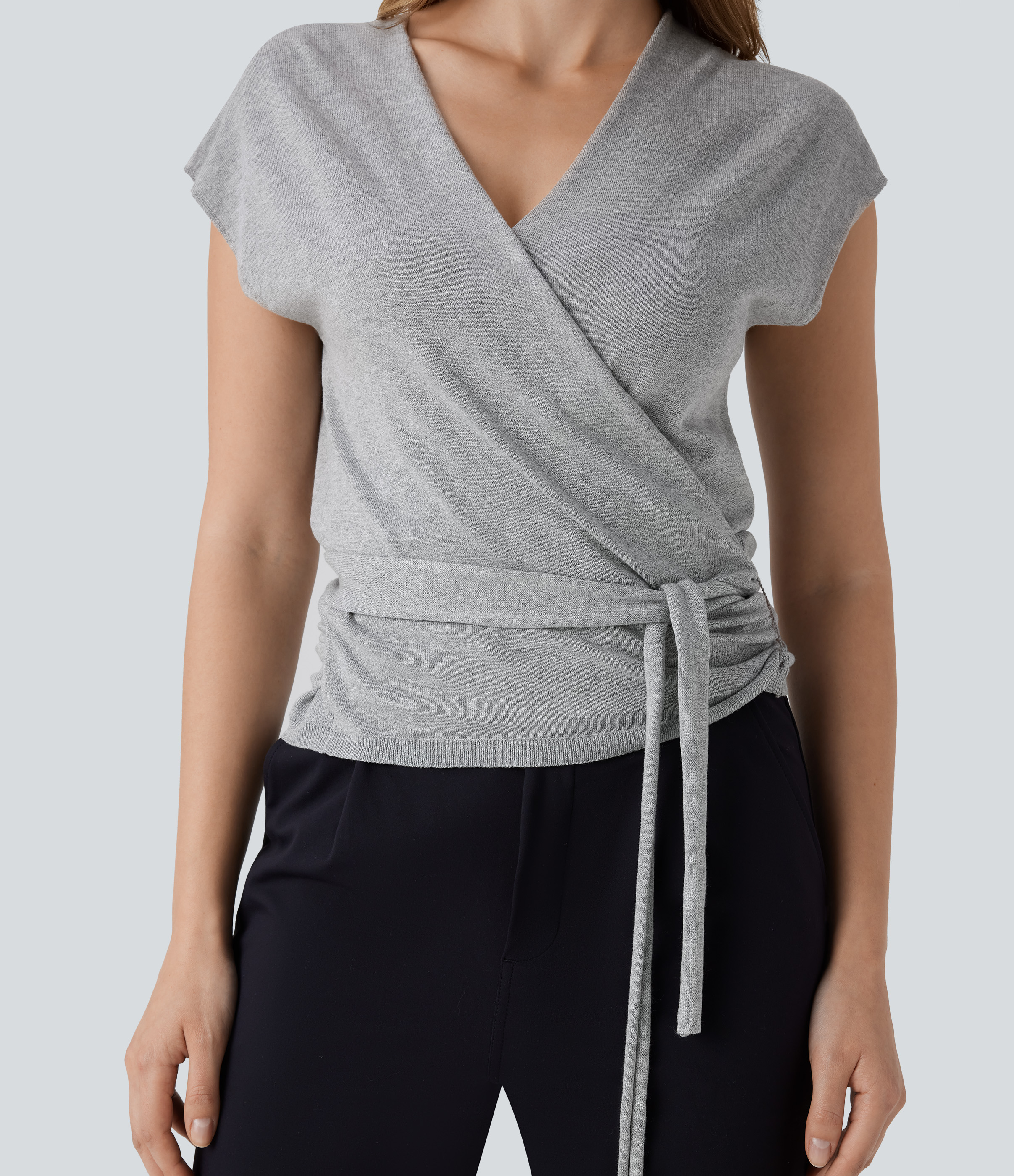 Halara V Neck Crossover Short Sleeve Belted Work Sweater  - Lunar Rock - L 