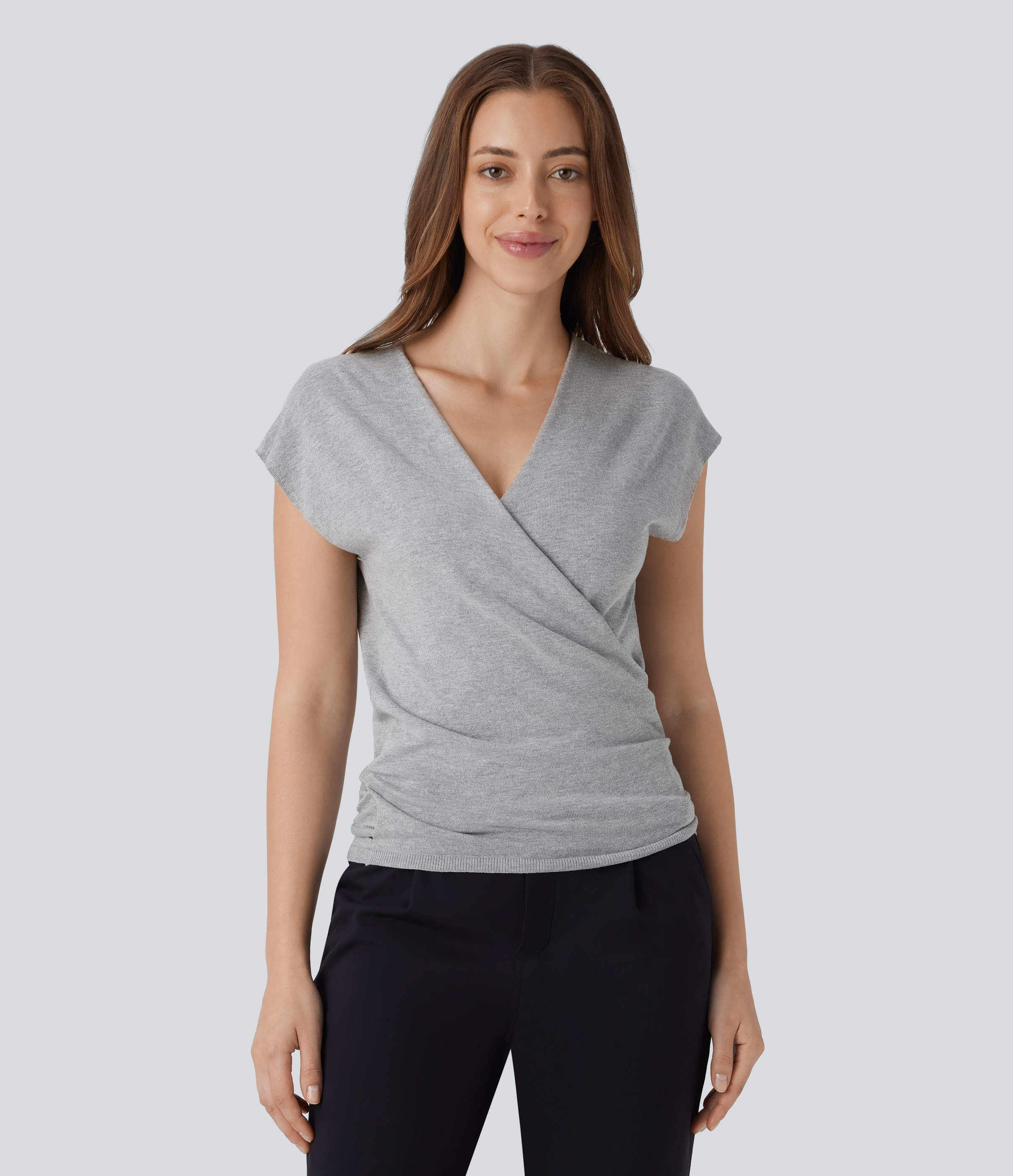 Halara V Neck Crossover Short Sleeve Belted Work Sweater  - Lunar Rock - L 