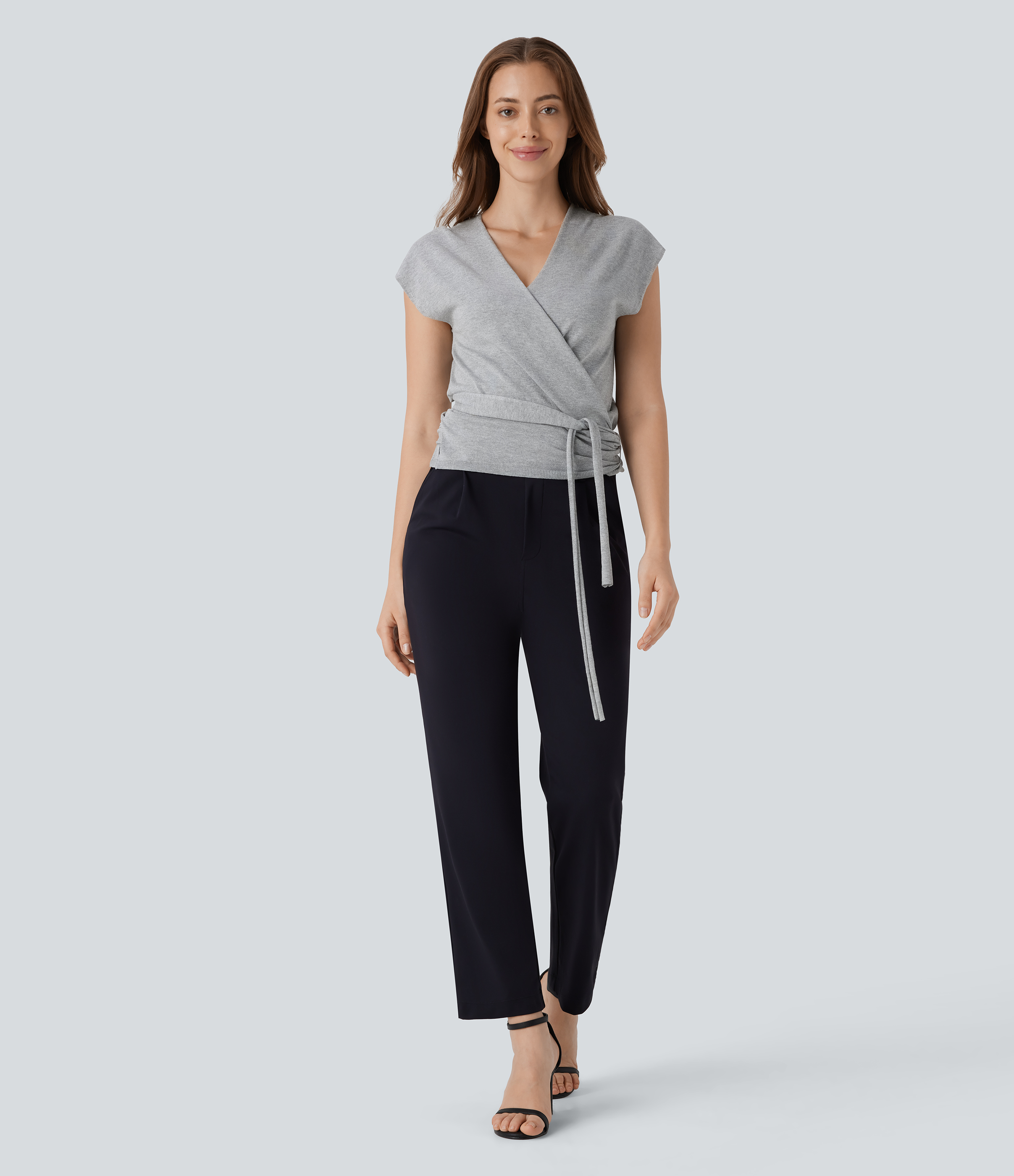 Halara V Neck Crossover Short Sleeve Belted Work Sweater  - Lunar Rock - L 