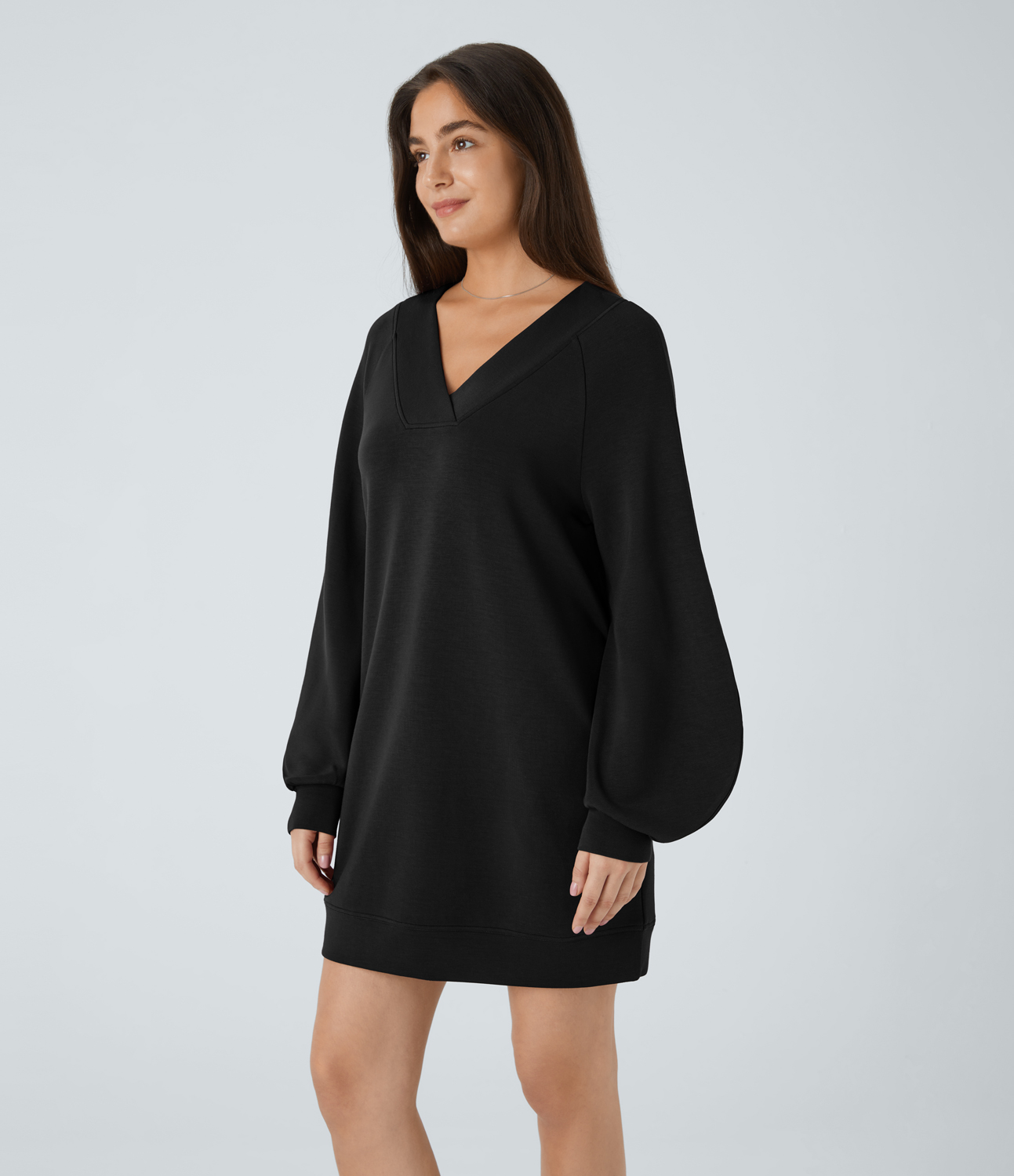 Halara V Neck Raglan Bishop Sleeve Relaxed Mini Casual Sweatshirt Dress Casual Dress - Black - XS slip dress beach dress ruched dress 