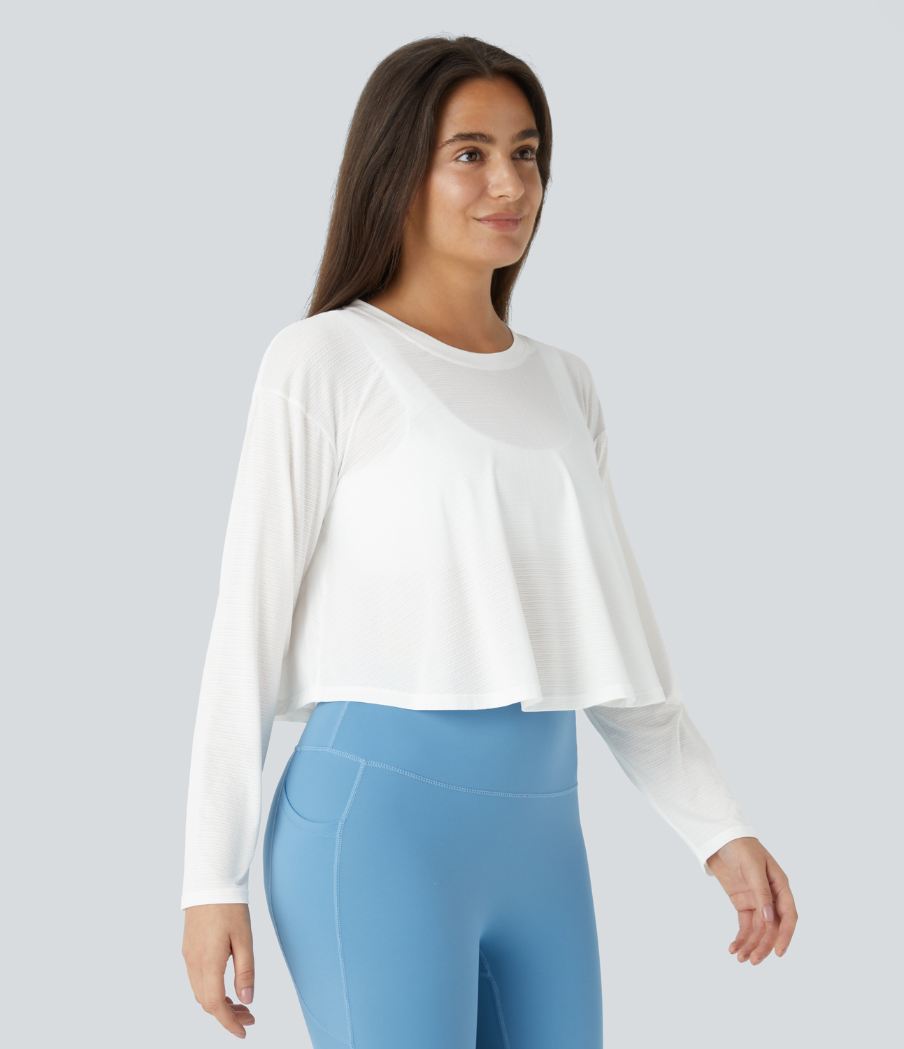 Halara Sheer Dropped Shoulder Long Sleeve Jacquard Yoga Sports Top  - White - M 