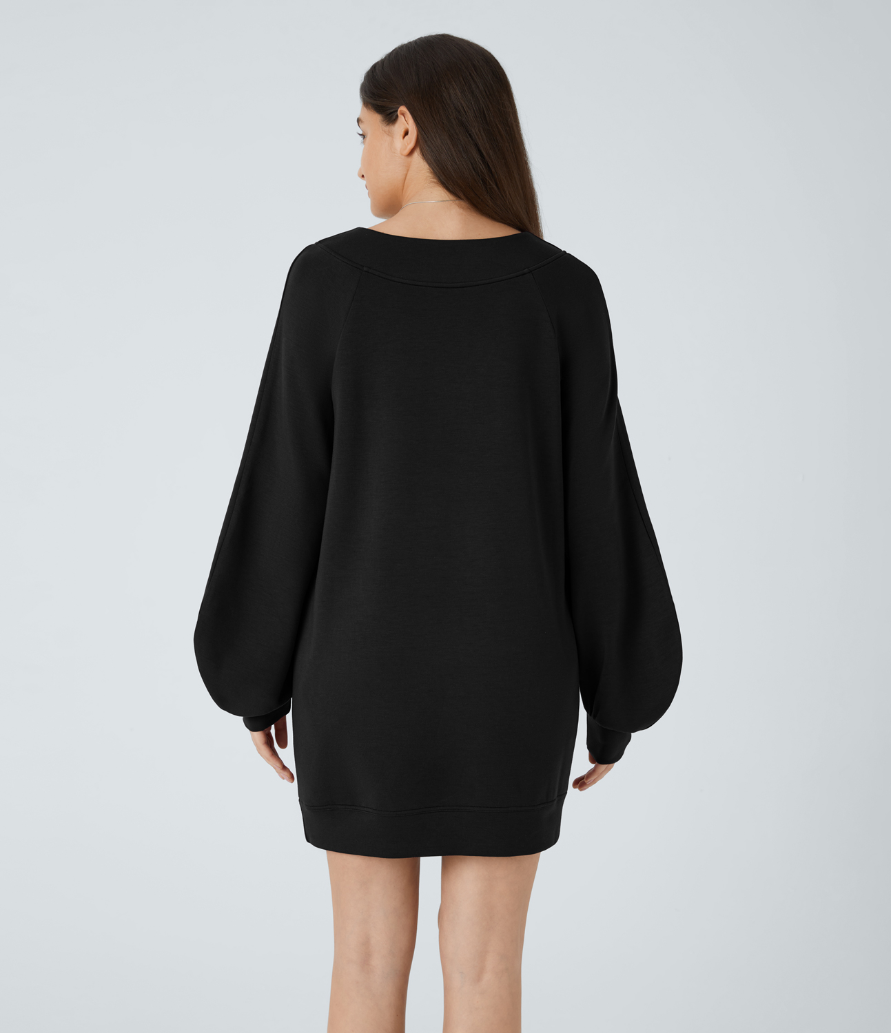 Halara V Neck Raglan Bishop Sleeve Relaxed Mini Casual Sweatshirt Dress Casual Dress - Black - XS slip dress beach dress ruched dress 