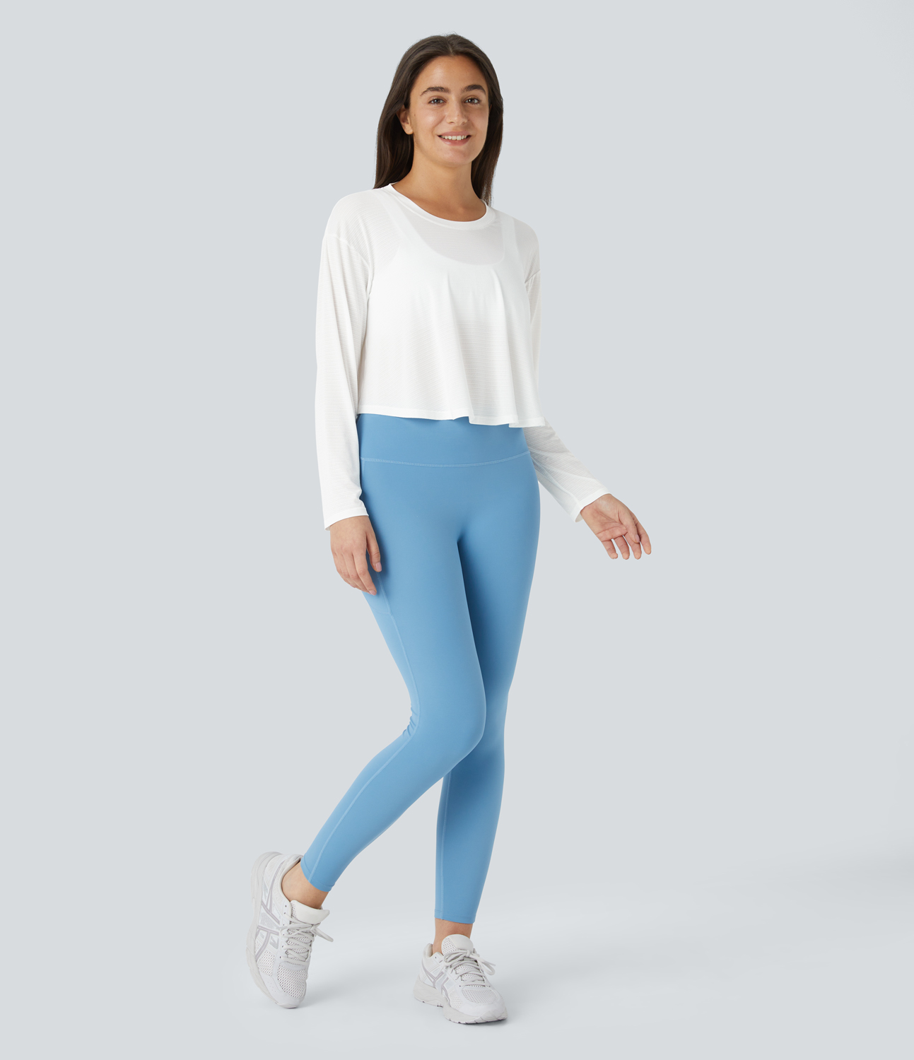 Halara Sheer Dropped Shoulder Long Sleeve Jacquard Yoga Sports Top  - White - M 