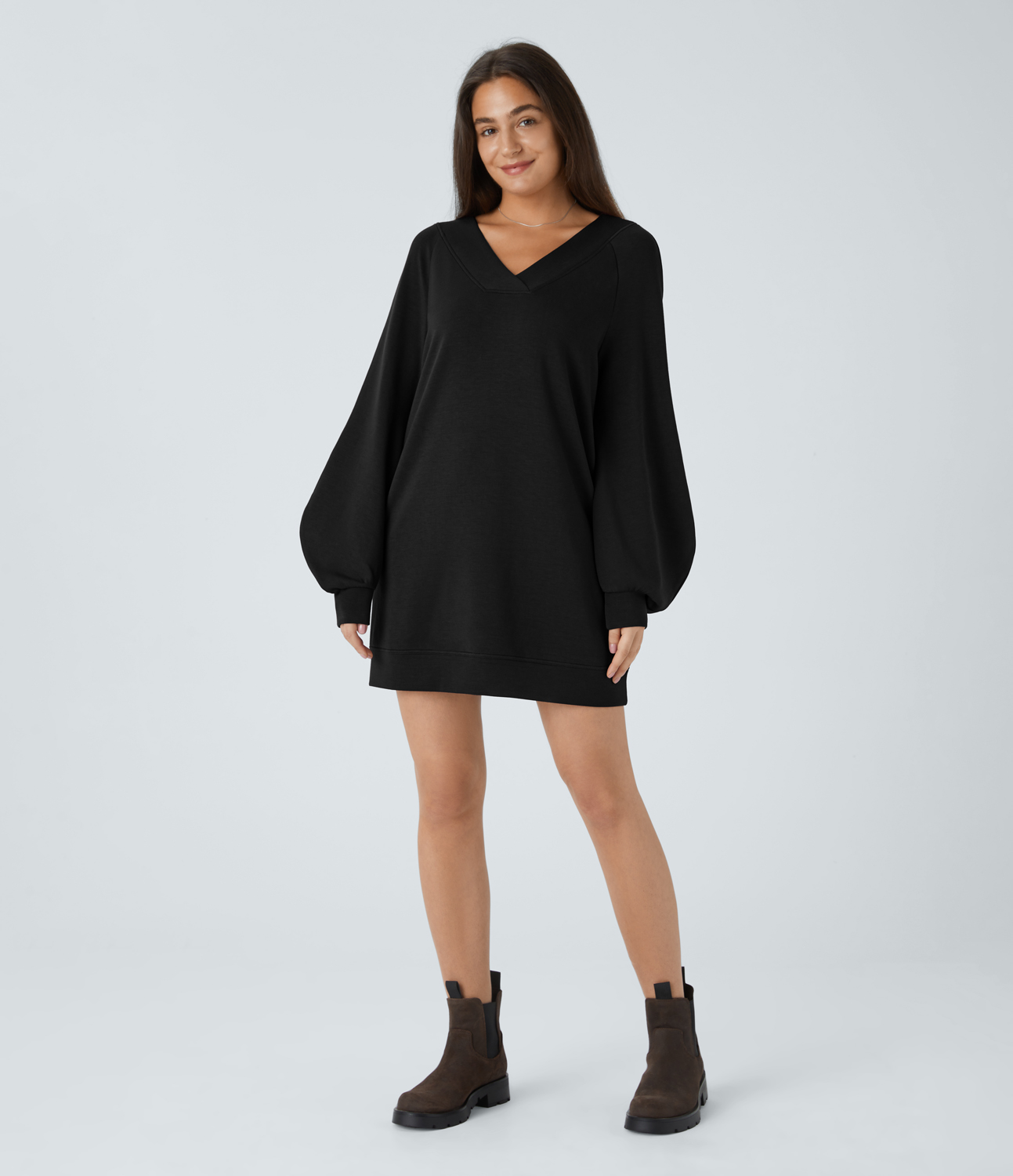 Halara V Neck Raglan Bishop Sleeve Relaxed Mini Casual Sweatshirt Dress Casual Dress - Black - XS slip dress beach dress ruched dress 