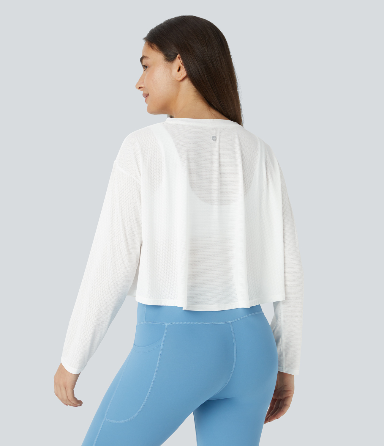 Halara Sheer Dropped Shoulder Long Sleeve Jacquard Yoga Sports Top  - White - M 