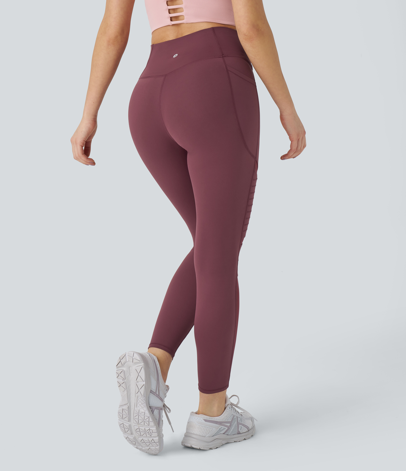 Halara Crossover High Waisted Side Pocket Contrast Mesh Top-stitching Yoga Leggings  - Red Mahogany - S(7/8) gym leggings 
