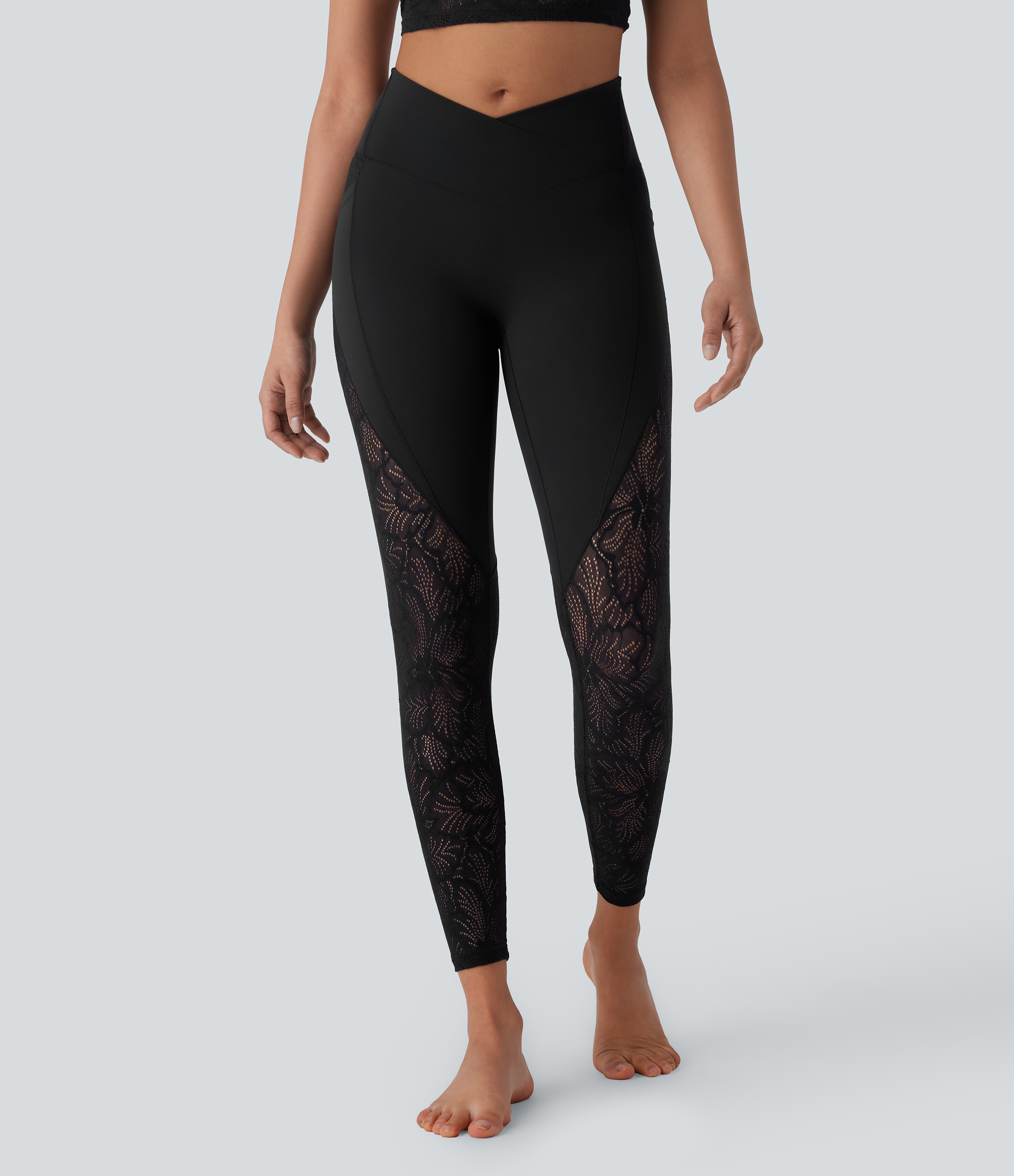 Halara Softlyzeroв„ў High Waisted Crossover Side Pocket Contrast Lace 7/8 Yoga Leggings-UPF50+  - Black - S(7/8) gym leggings 