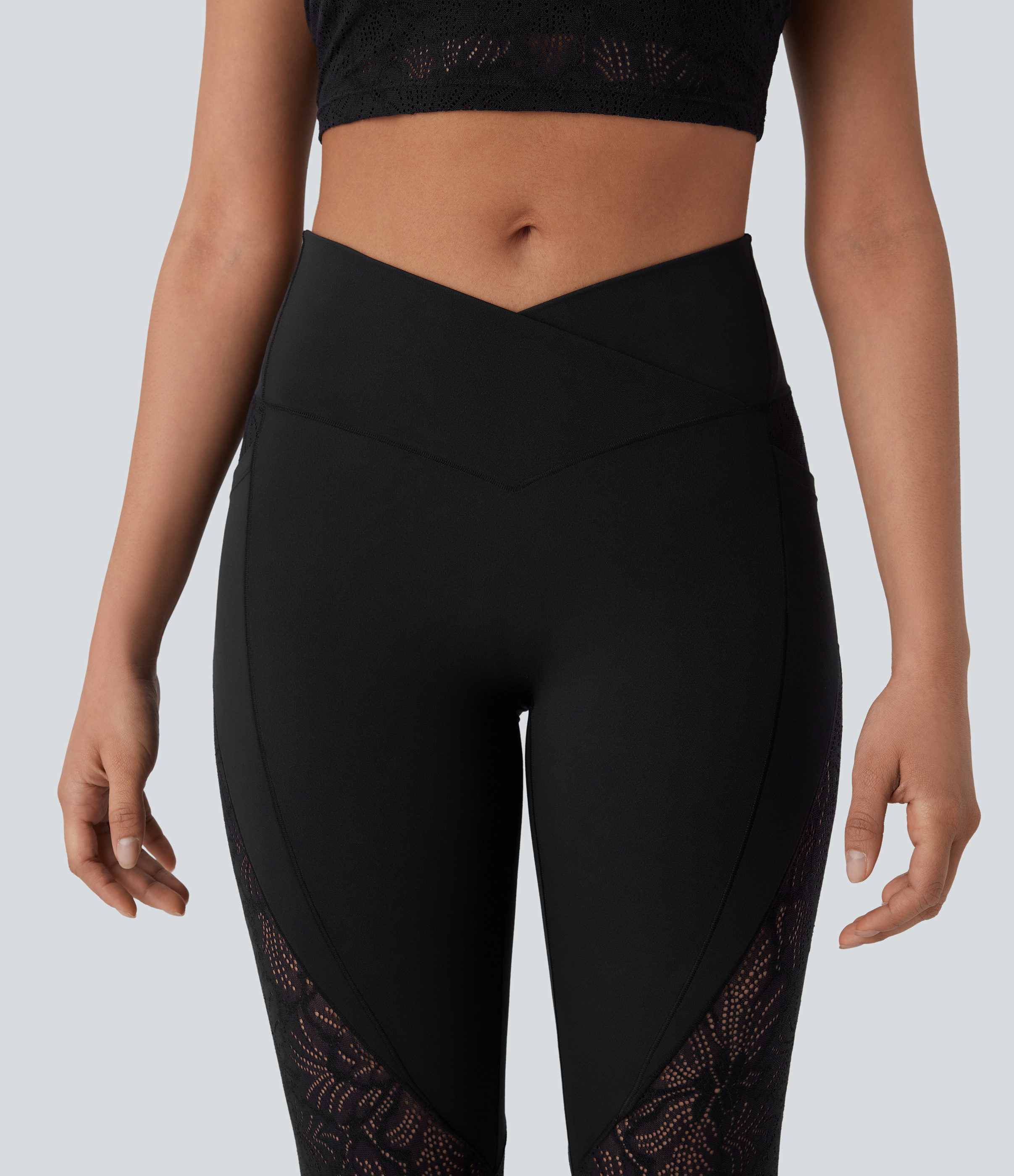 Halara Softlyzeroв„ў High Waisted Crossover Side Pocket Contrast Lace 7/8 Yoga Leggings-UPF50+  - Black - S(7/8) gym leggings 