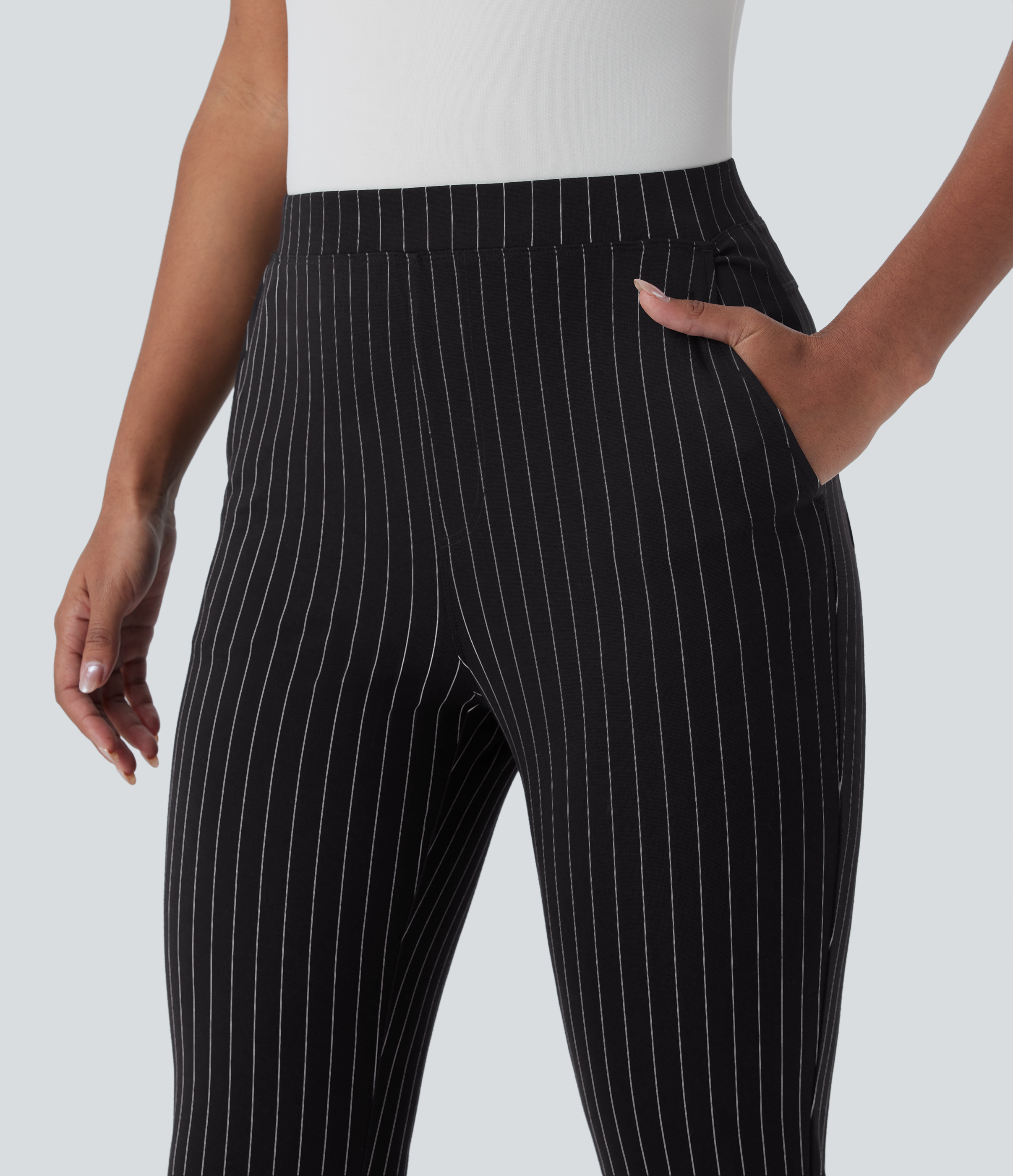 Halara High Waisted Side Pocket Cool Touch Stripe Slim Work Pants  - Black White Pinstripe - M(regular) sweatpants jogger pants 