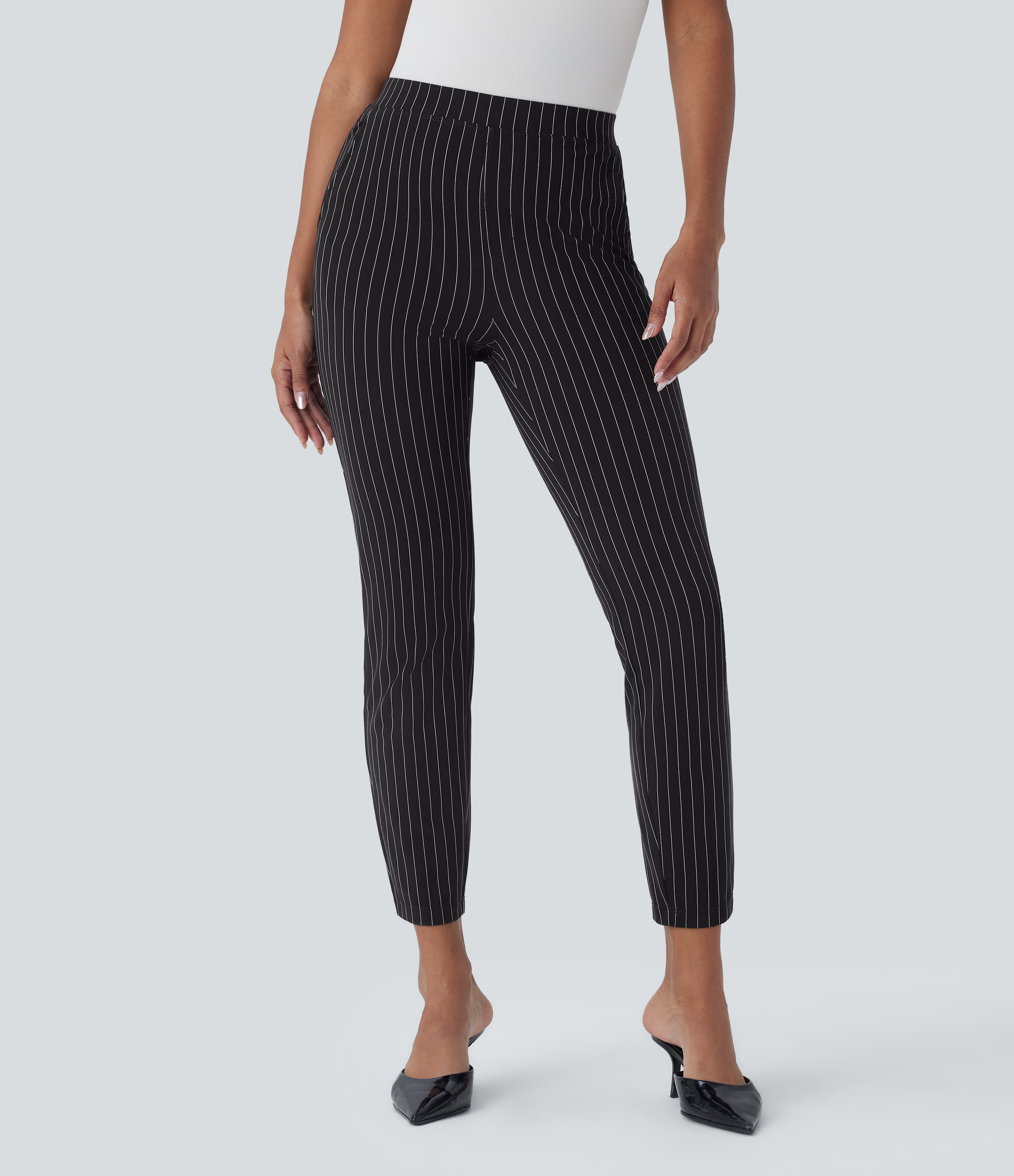 Halara High Waisted Side Pocket Cool Touch Stripe Slim Work Pants  - Black White Pinstripe - M(regular) sweatpants jogger pants 