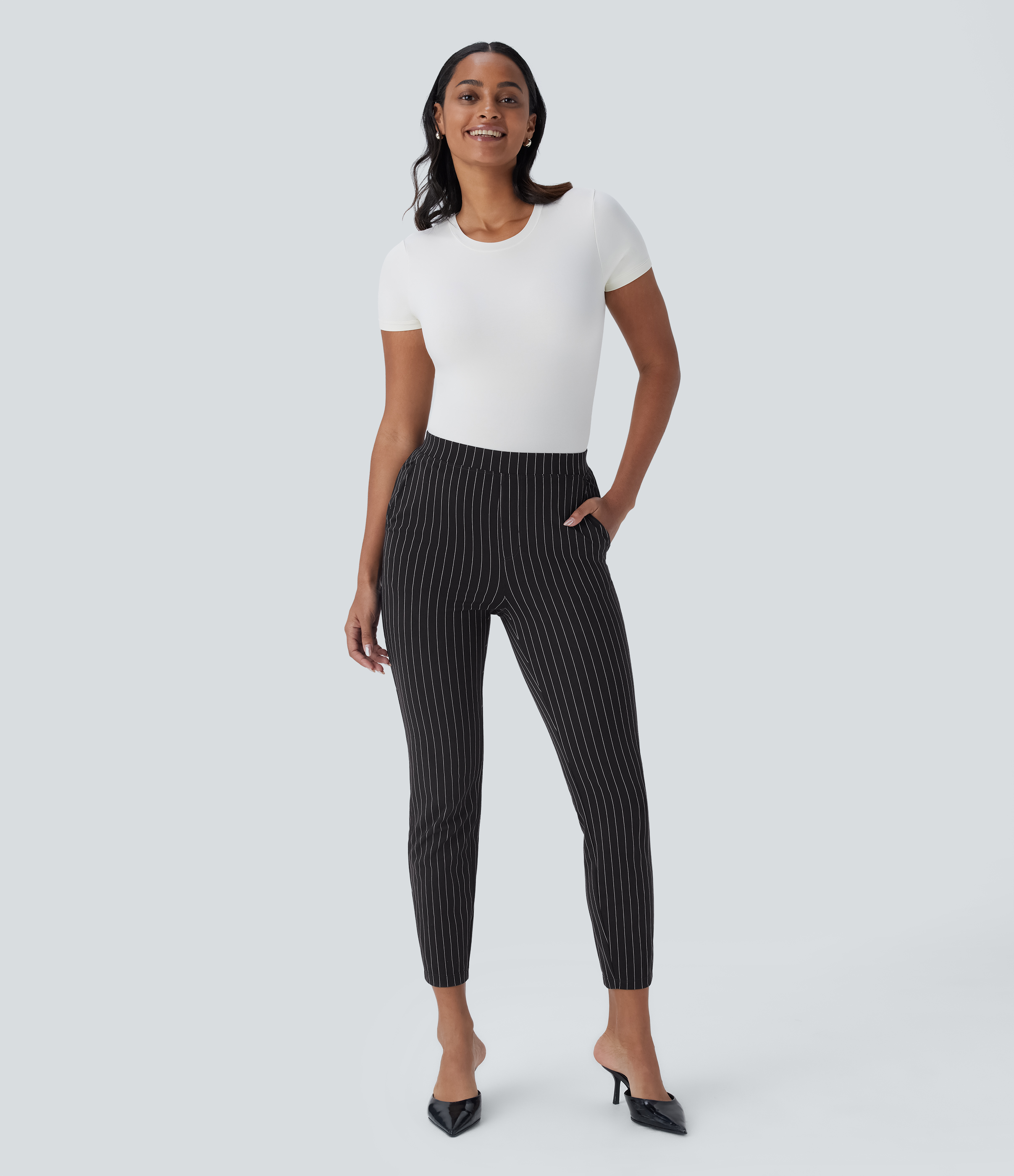 Halara High Waisted Side Pocket Cool Touch Stripe Slim Work Pants  - Black White Pinstripe - M(regular) sweatpants jogger pants 