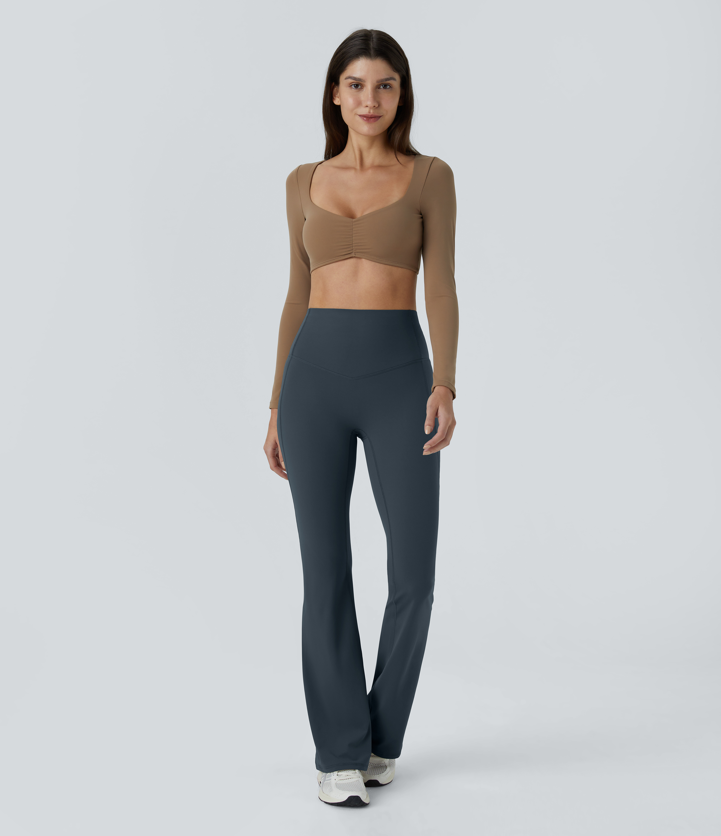 Halara SoCinched High Waisted Tummy Control Shaping Yoga UltraSculpt Flare Leggings  - Carbon - L(regular) gym leggings leggings with pockets 